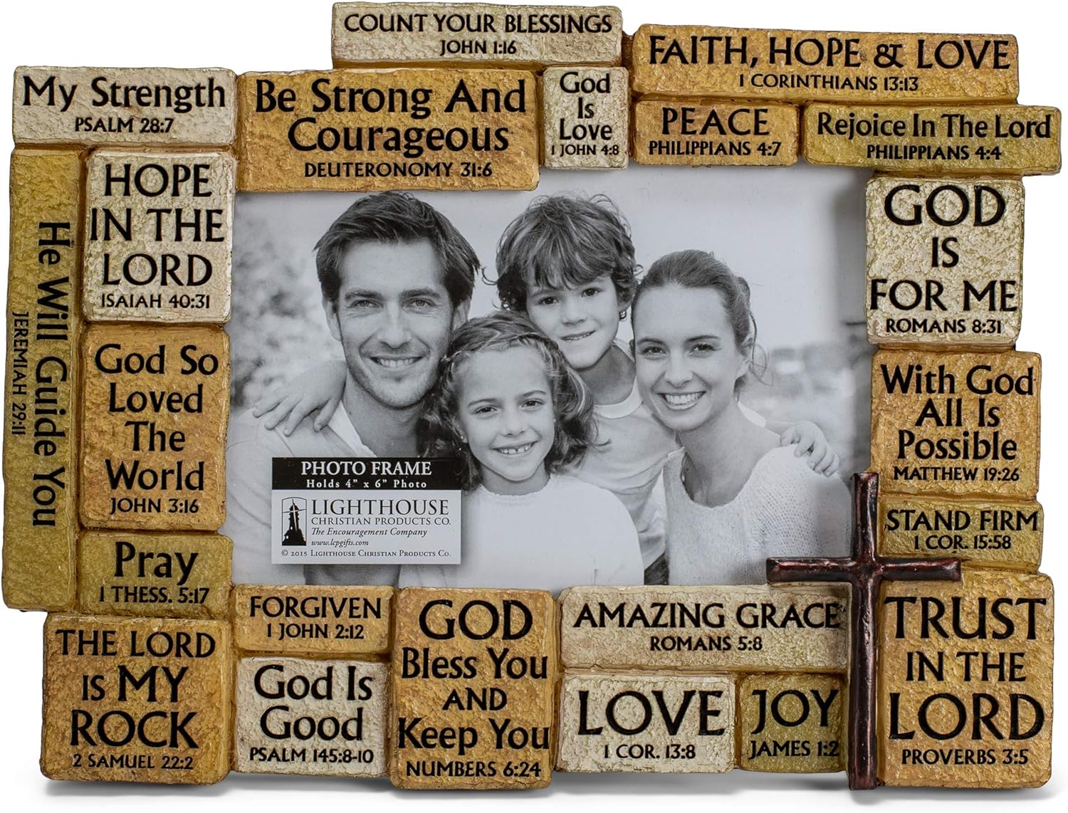 Lighthouse Christian Products Strength in God Scripture Stones Hammered Copper Cross 6 x 8.25 Cast Stone Photo Frame