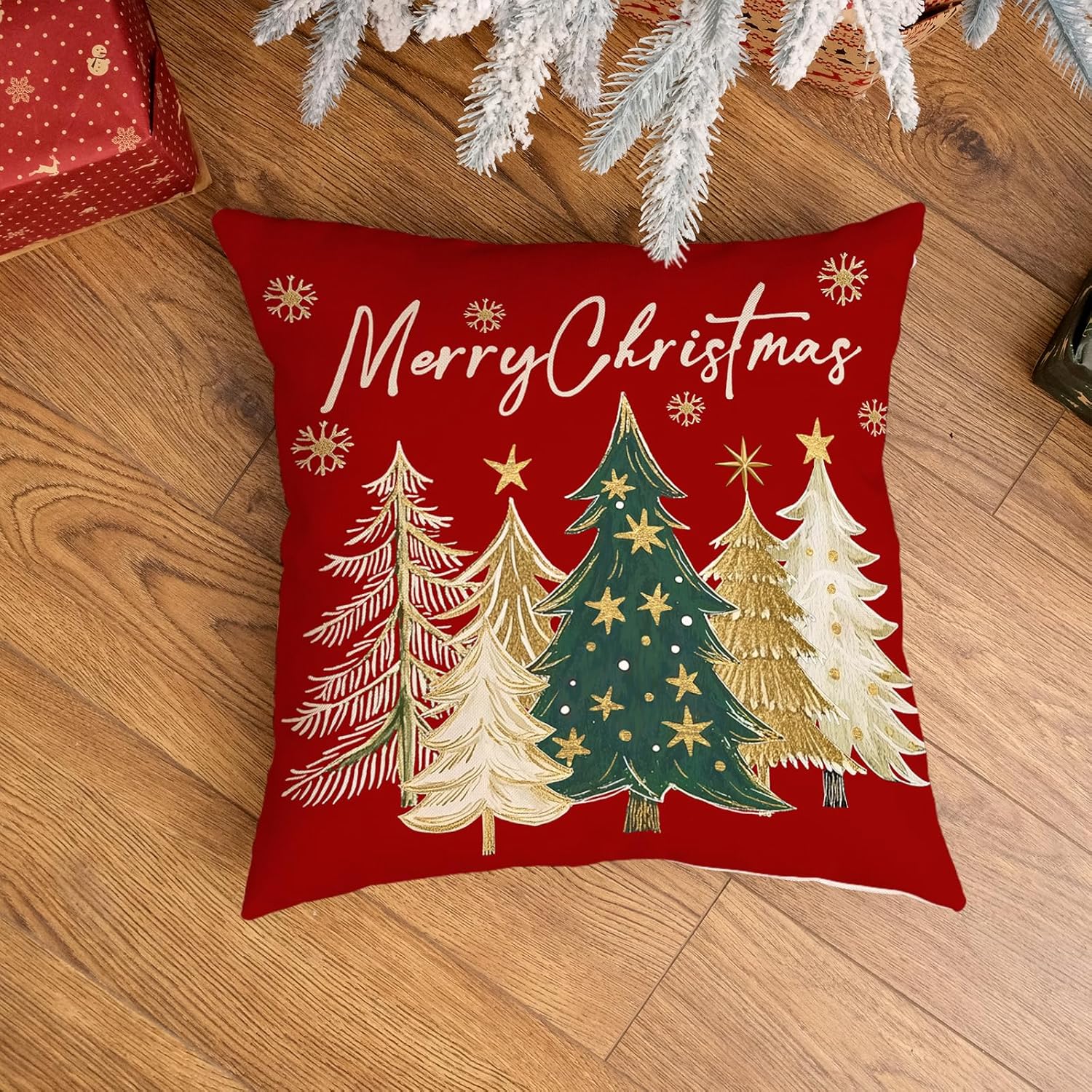 GEEORY Christmas Tree Pillow Cover 18 x 18 Inch, Xmas Decorations, Holiday Winter Decorative Throw Pillows for Sofa Red GS066-18