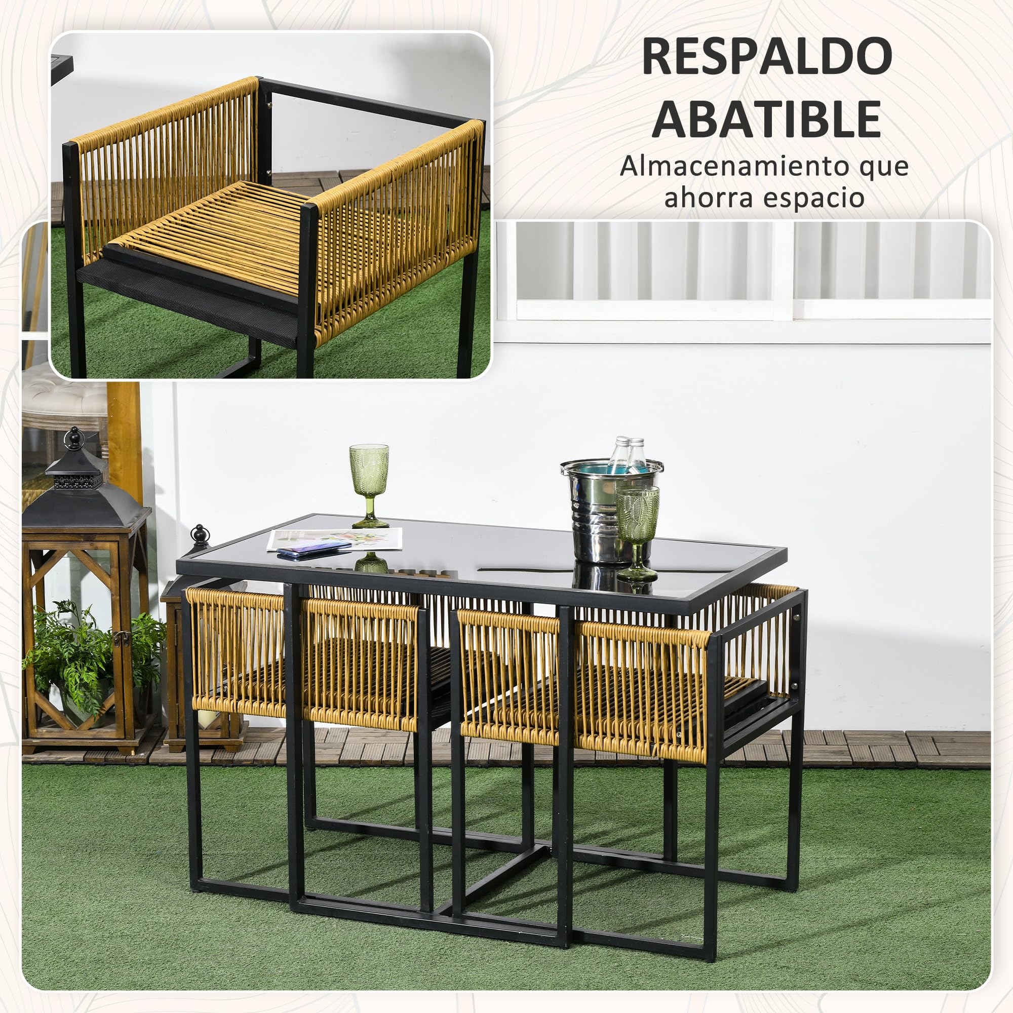 Outsunny Conjunto de Muebles de Jardín 3 Piezas Diseño Anidado Juego de Sillas y Mesa de Ratán con Respaldo Plegable Cojines y Mesa con Tablero de Vidrio Templado para Patio Terraza Natural y Negro