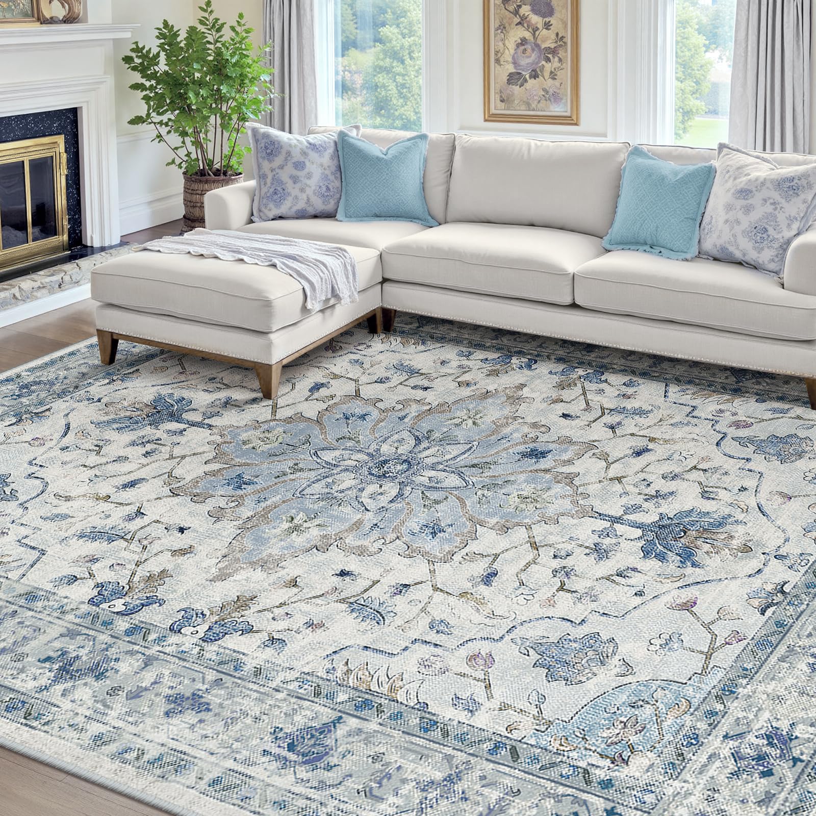 RELEANY Area Rugs 8'x10' Washable Non-Slip, Floral Vintage Distress Print Pattern Medallion Carpet for Living Room Bedroom Dining Room, Light Blue