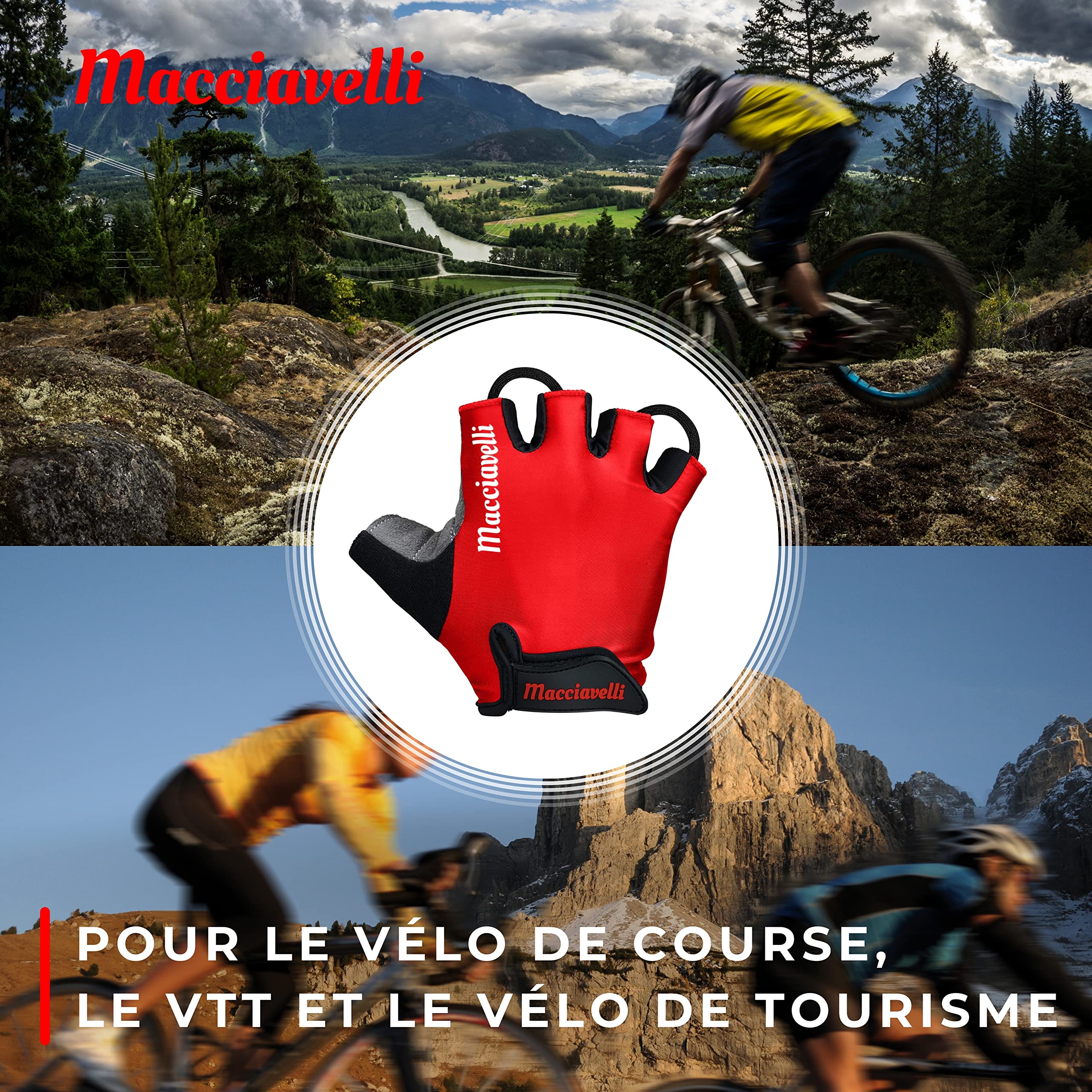 MACCIAVELLI® Gants de Cyclisme Homme Femme – Gant Vélo VTT – Demi Doigt