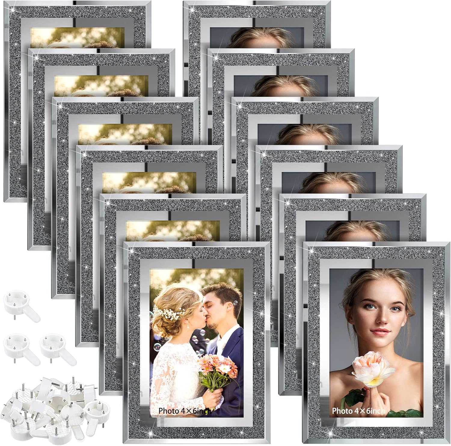 12 Pcs 4 x 6 Inch Picture Frame Set Glitter Glass Photo Frame Mirrored Crystal Silver Picture Frames Bling Wall Table Top Stand Frame with 12 Pcs Nail Hooks for Living Room Bedroom Home Display