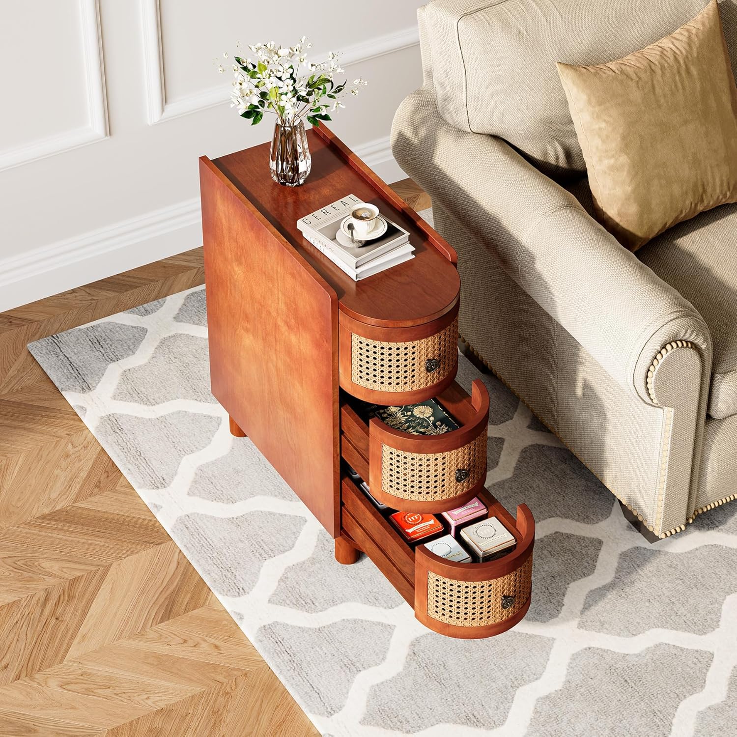 LITTLE TREE End Table, Rattan Narrow Side Table with 3 Drawers, No Assembly Required, Solid Wood Nightstand, Bedside Table for Living Room, Bedroom, Office, Bathroom, Brown