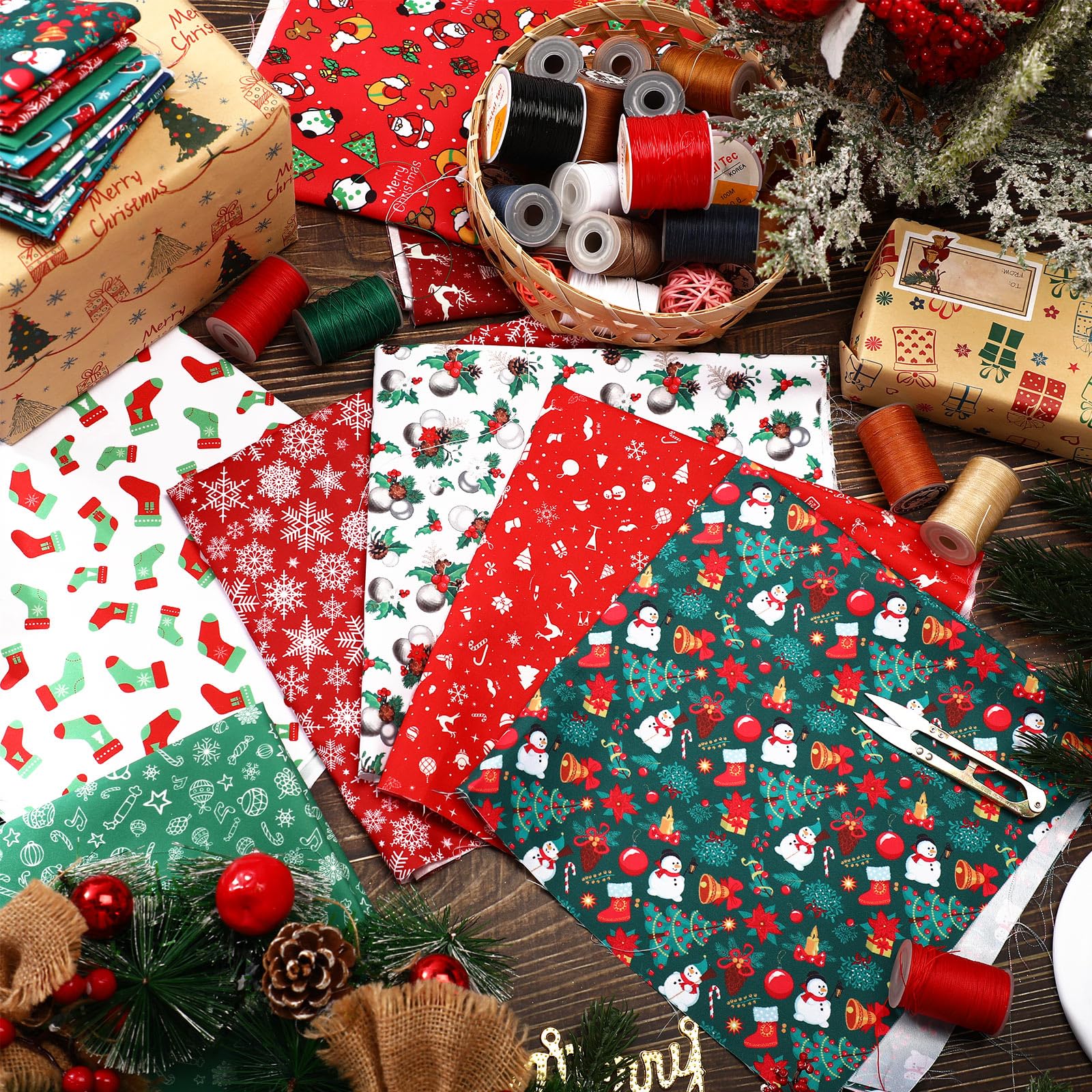 Panelee 8 Pcs 20 x 20 Inches Christmas Fabric Quilting Fabric Bundles Precut Squares Christmas Printed Scraps for DIY Sewing Crafts Project Patchwork Dress Apron
