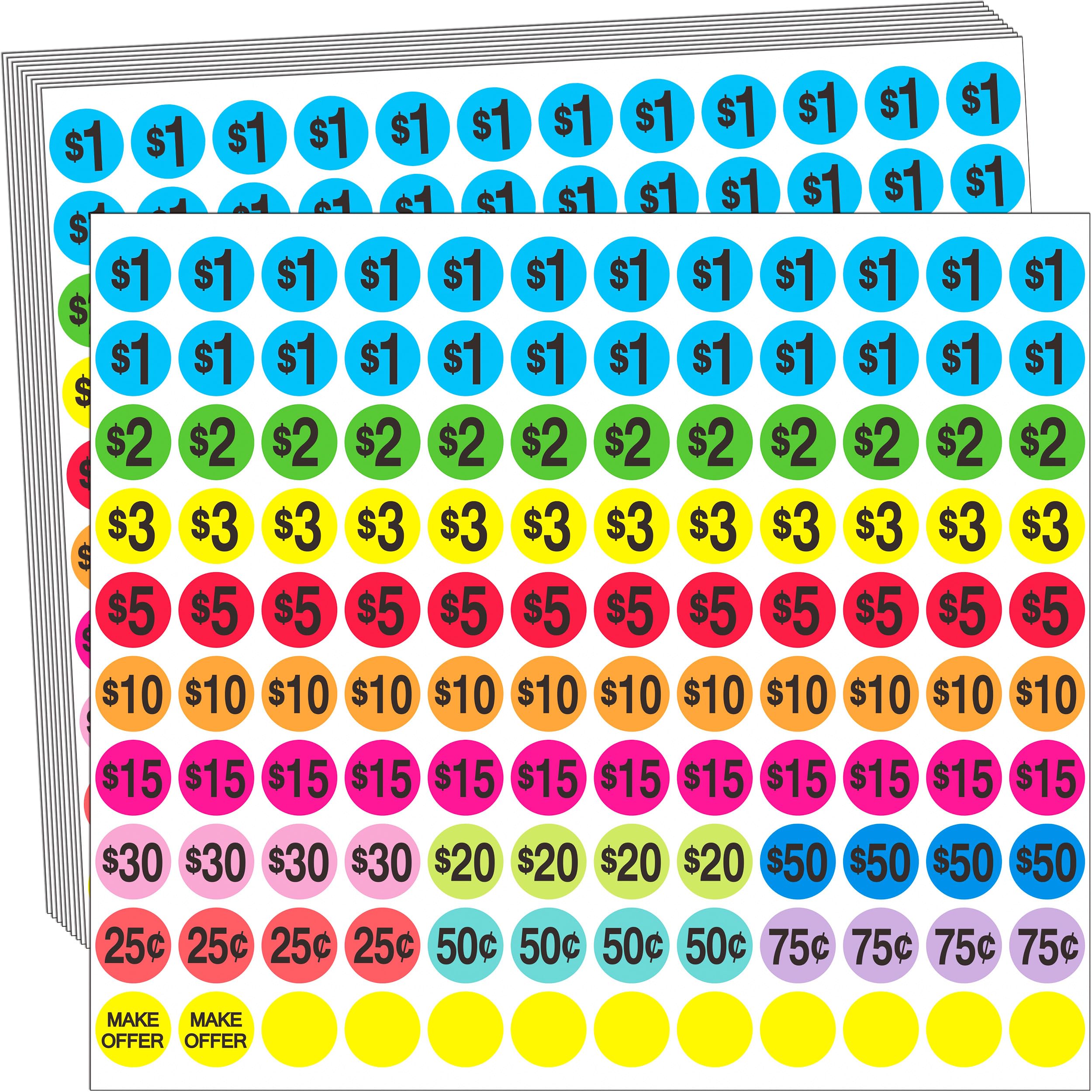 Garage Sale Price Stickers, 2040 Pieces Yard Sales Sticker 3/4 Inch Round Price Tags Labels, Multiple Denominations, Bright Colors Preprinted 2040