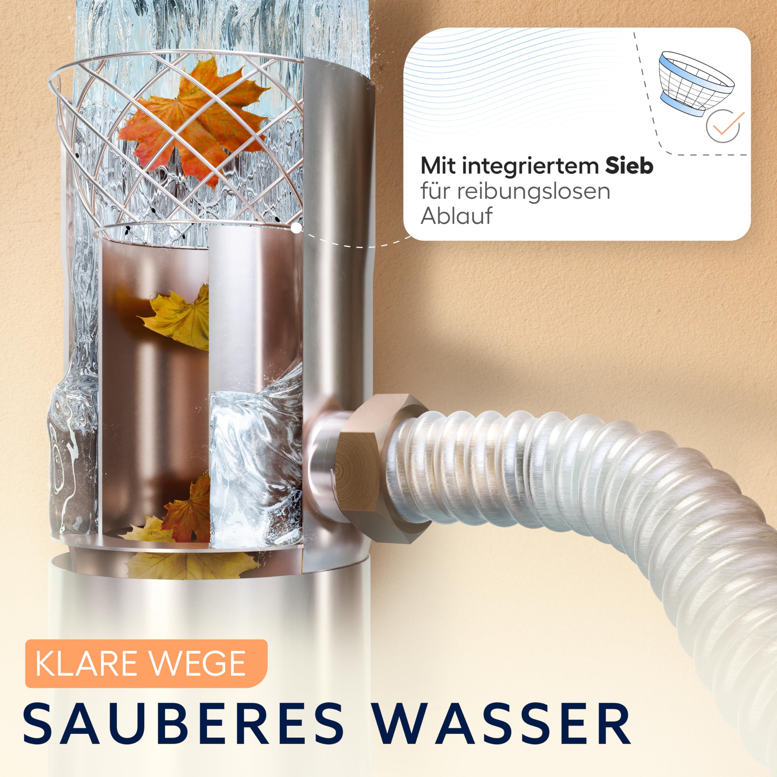 Regenwassersammler mit Sieb für Fallrohre 100mm | Langer 0,5m Schlauch | erhöhter Ertrag | Edelstahl | Fassanschluss | Fallrohr Regensammler | Regensammler für Fallrohr 100 Regentonne - Drei Eichen