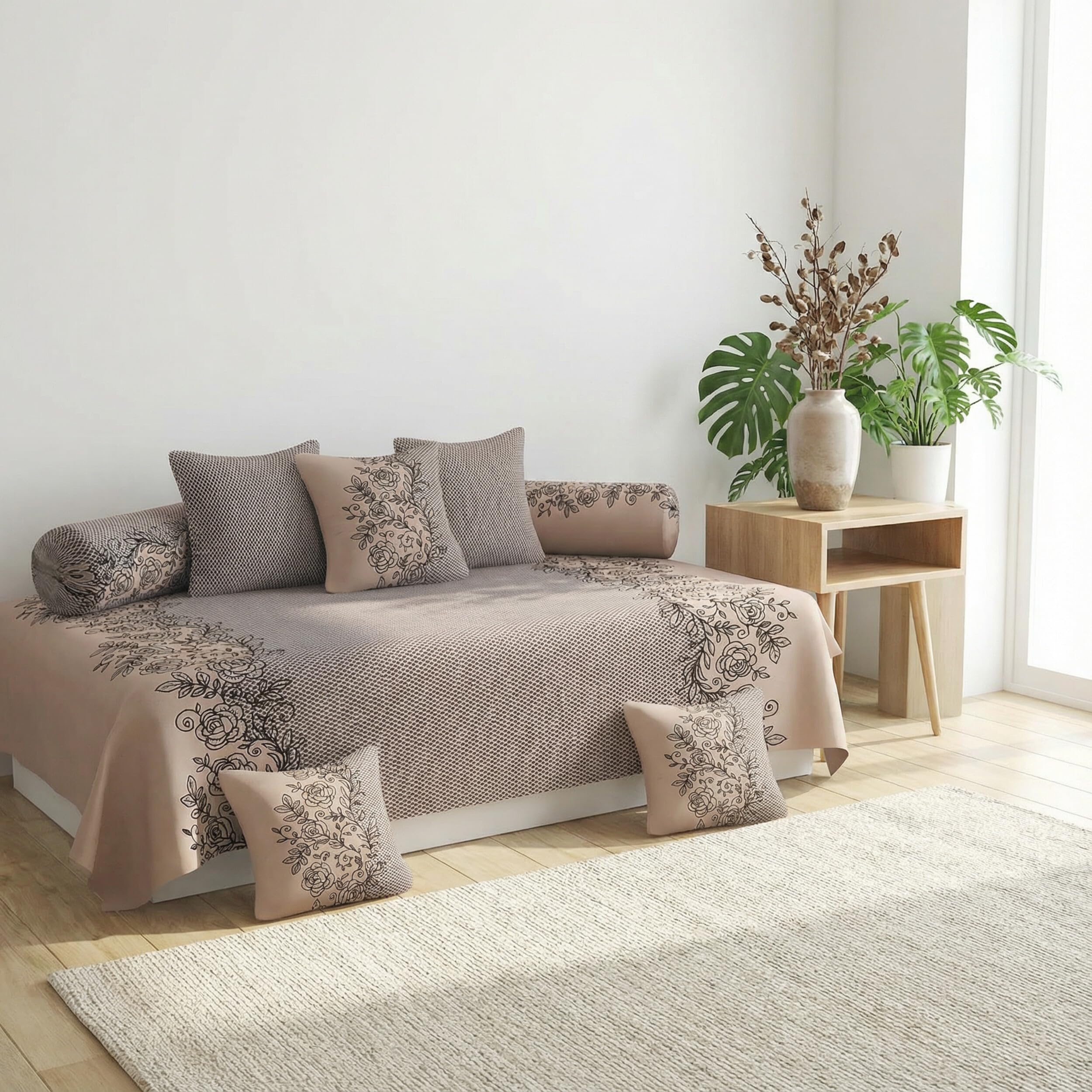 BELVOSTUM 250 TC Microfiber Printed Diwan Set with 8 Pieces, 1 Single Bed Sheet with 5 Cushions Covers 2 Bolster Covers-image-12