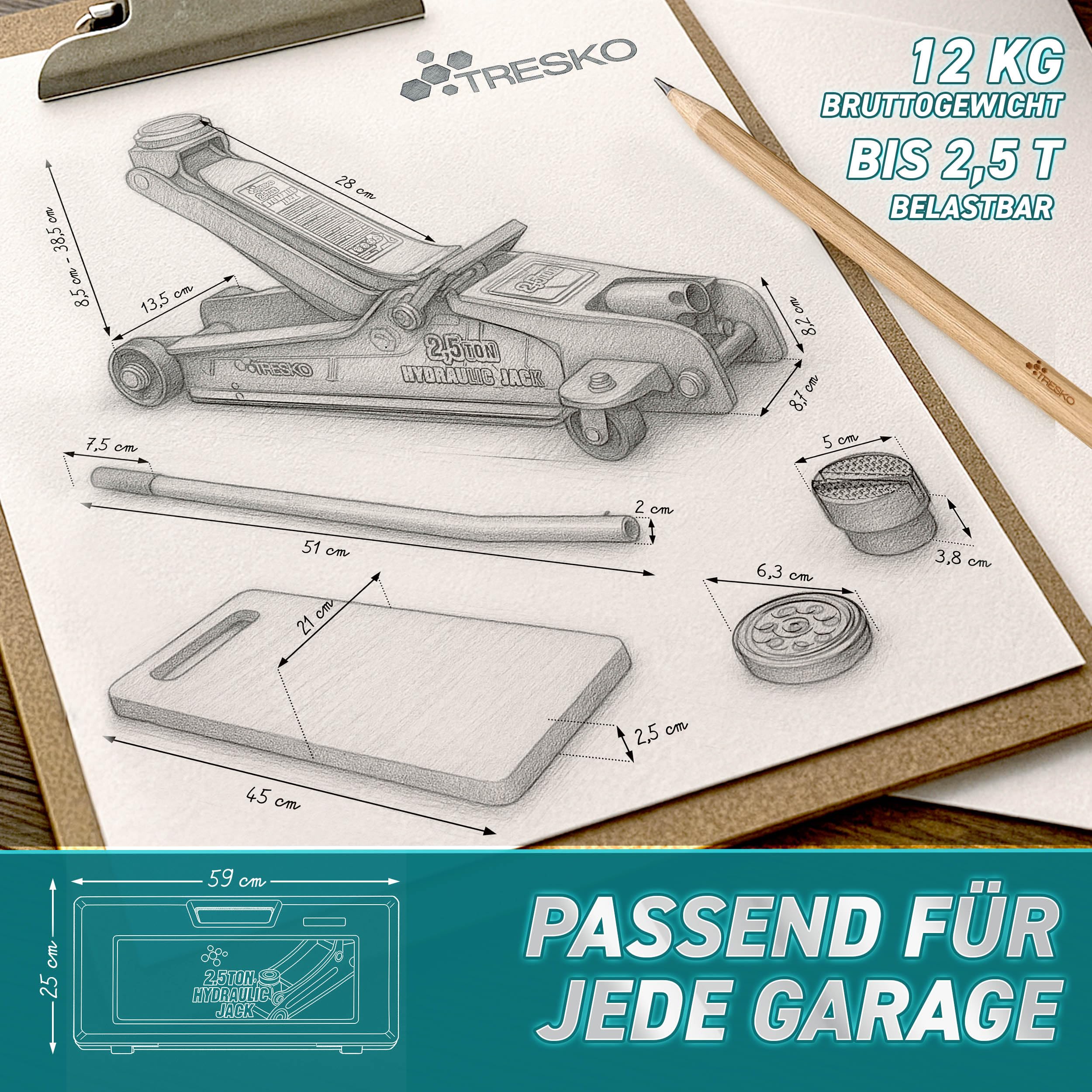 TRESKO® Wagenheber hydraulisch 2,5T Hubhöhe 85-385mm mit Koffer | Hydraulik KFZ Rangierwagenheber flach für tiefergelegte Autos - 360° Rollen inkl. 2X Gummiauflage, Kniematte, Handschuhe, Profilmesser