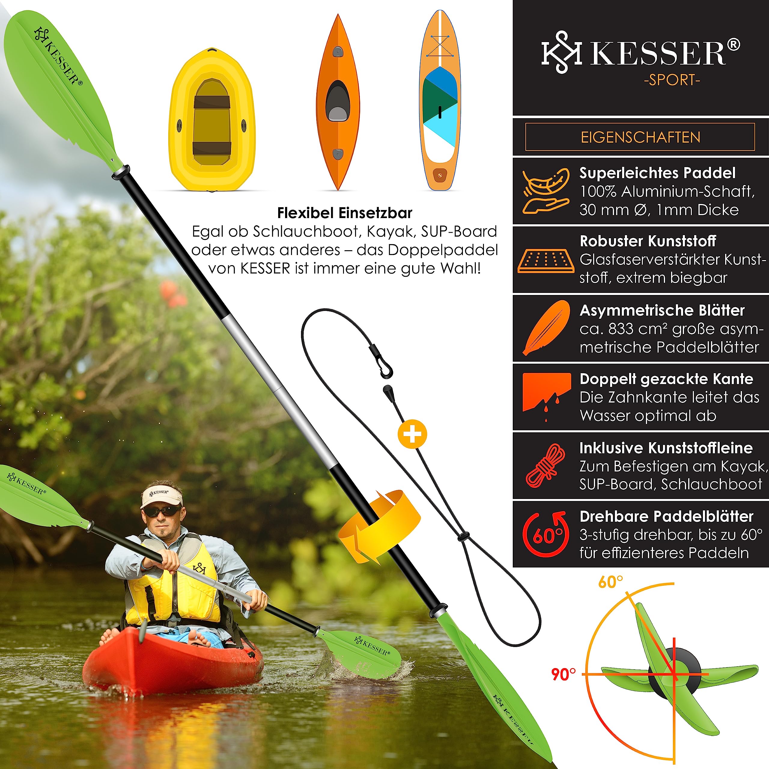 KESSER® Paleta Doble – 4 Piezas para Canoa Kayak Sup Stand-Up Paddling Board Pala de Remo, 228 cm de Aluminio, Muy Ligera para Bote Inflable, Remo, Kayak, Surf Board Bote