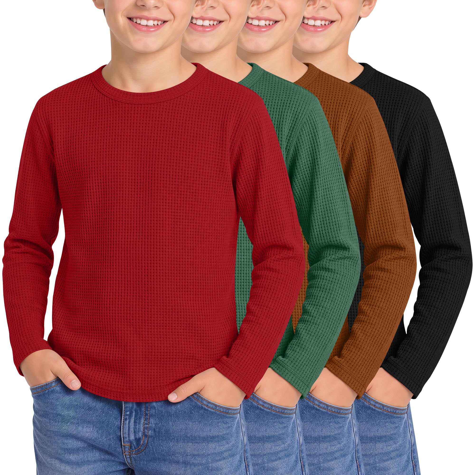 4 Pack Boys Long Sleeve Waffle Knit Thermal Shirts