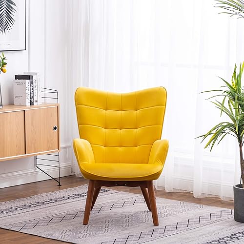 Miniatura 4 de Roundhill Furniture Leiria - Silla contemporánea de terciopelo sedoso copetudo con otomana, color amarillo