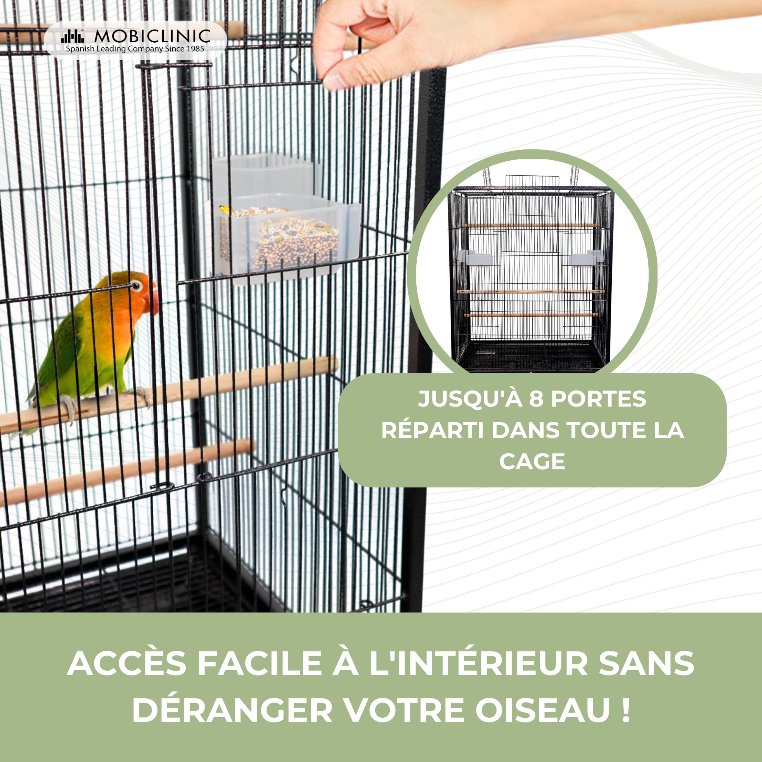 Mobiclinic Cage à Oiseaux XL 95x43x61.5 cm Roues de Transport Freins Ouverture Supérieure Plateau Amovible 8 Portes