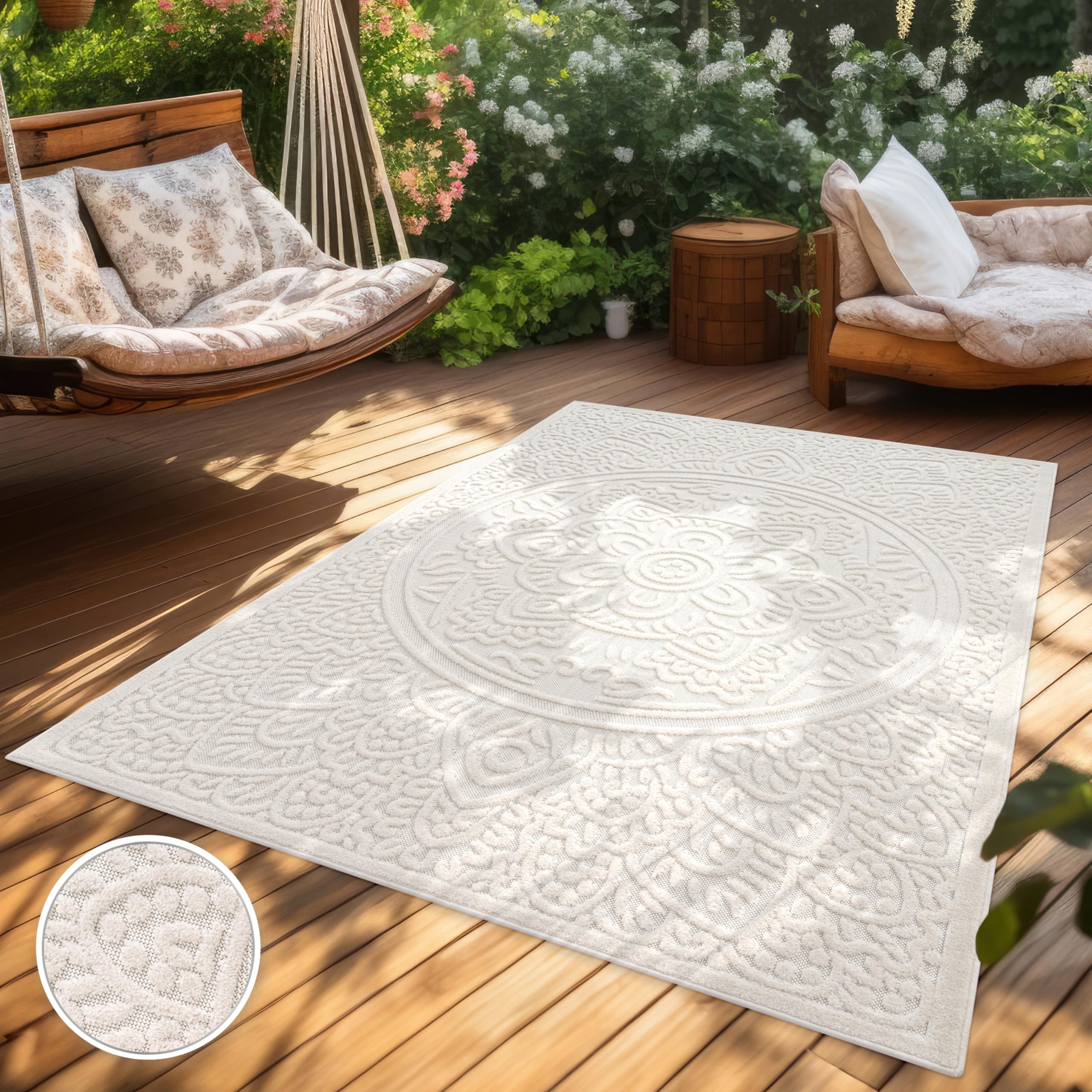 Paco Home Alfombra Salon De Habitacion Cocina Exterior Terraza Jardin Motivo Nordica Motivo Boho Chic Lisa, tamaño:80x150 cm, Color:Crema 3