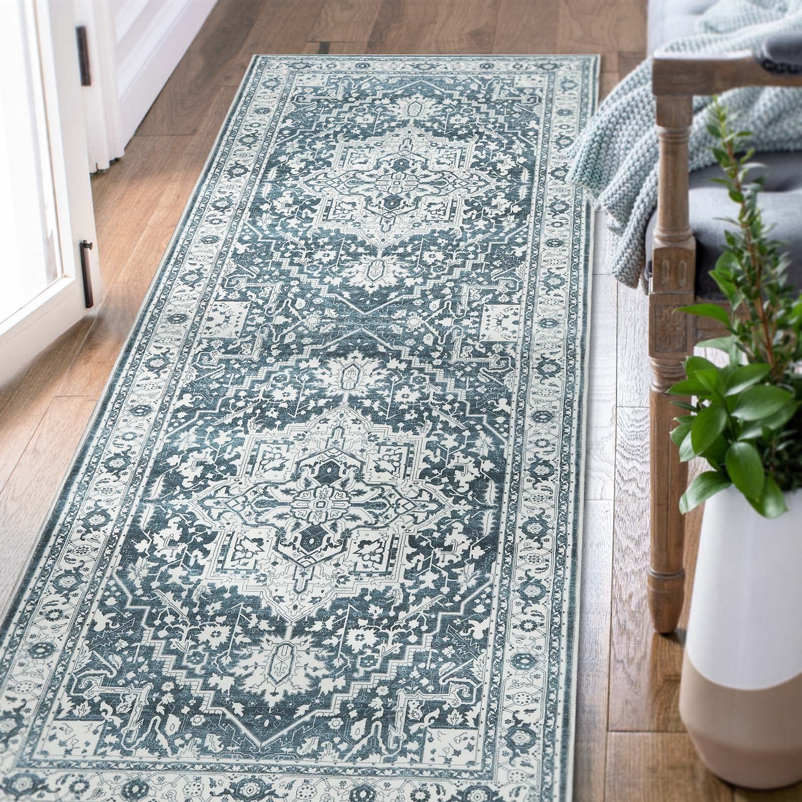 jinchan Boho Runner Rug 2x10 Hallway Indoor Washable Rug Vintage Rug Floral Medallion Runner Rugs with Rubber Backing Carpet Runner Thin Rug for Bathroom Kitchen Living Room Blue