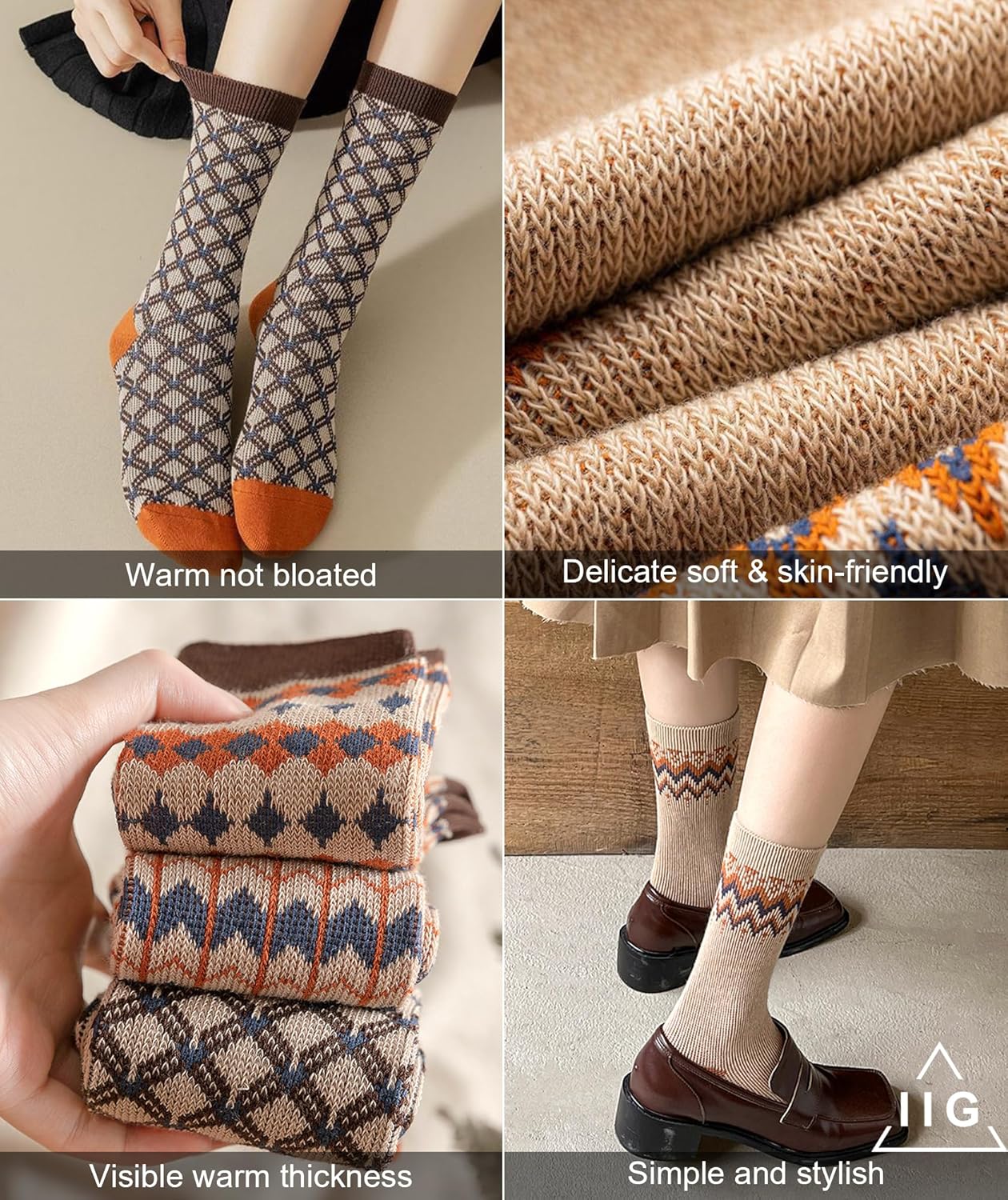 IIG 3-5 Pairs Womens Vintage Cozy Crew Socks Soft Cute Neutral Cotton Socks Exquisite Patterns Socks Gift - Image 3