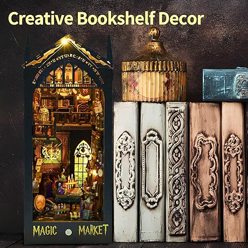 Miniatura 2 de Kit de rincón de libros para bricolaje, rompecabezas de madera 3D con decoración LED, sujetalibros de diorama de bricolaje, modelo, manualidades,