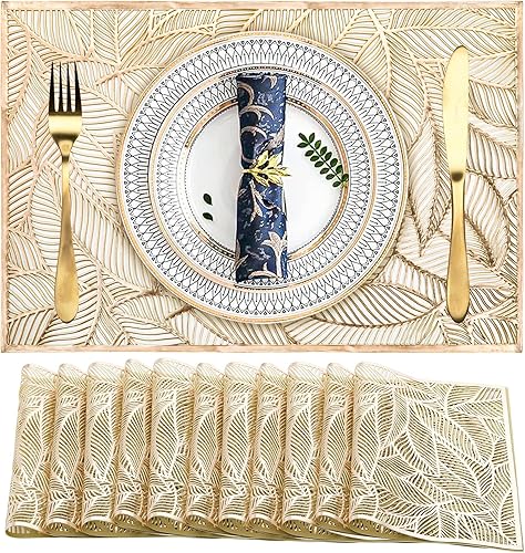 Yesland 12 manteles individuales rectangulares de vinilo prensado  17.75 x 12 pulgadas  Manteles individuales metálicos de hojas y centro de mesa