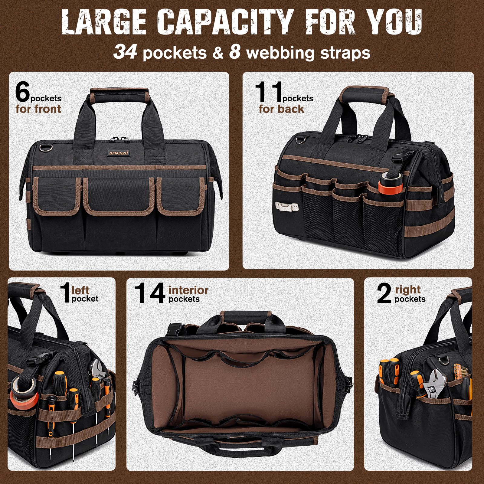 Borsa porta attrezzi da uomo, resistente, con 34 tasche, con tracolla regolabile, organizer portatile per elettricisti, meccanici, falegnami, lavoratori edili, HVAC