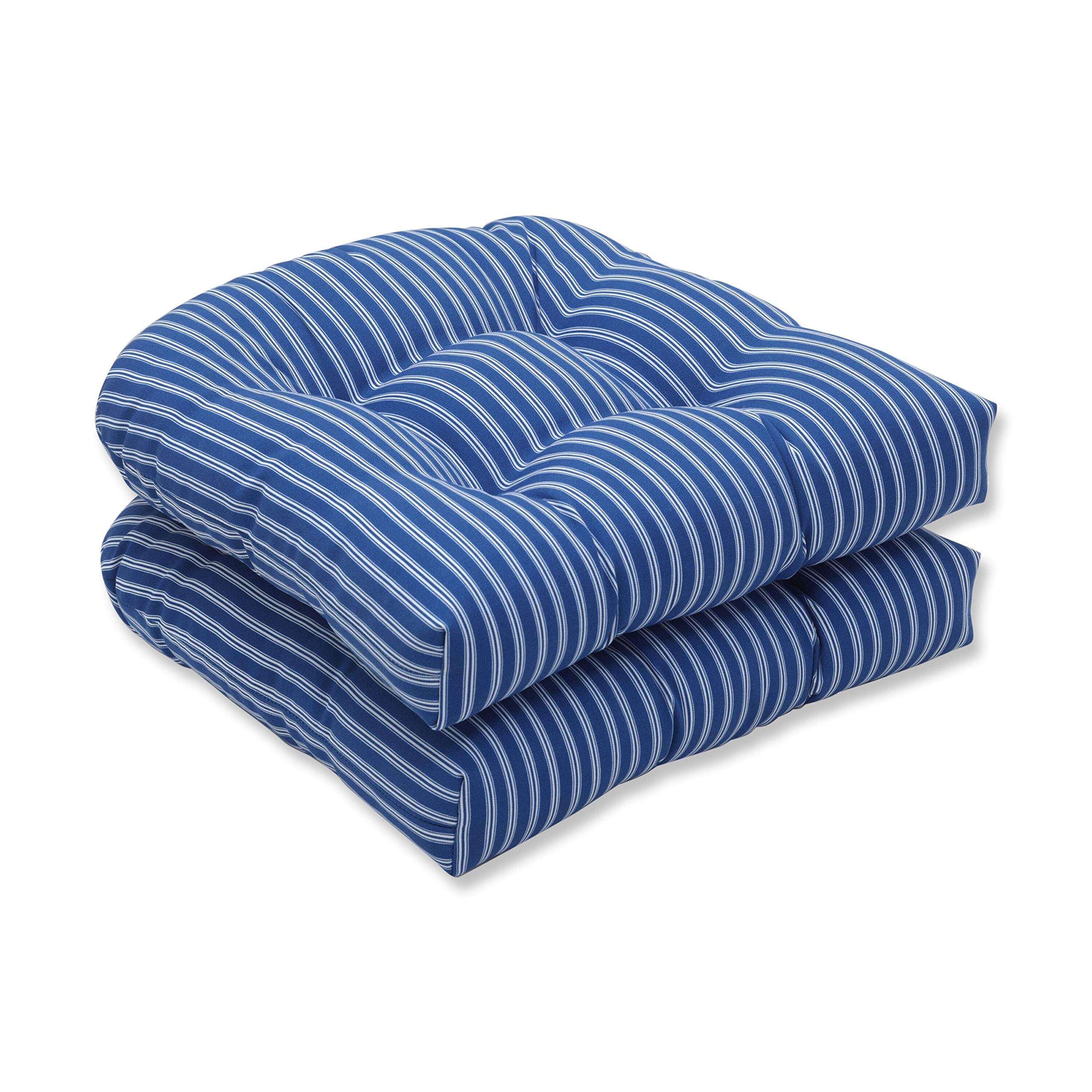 Pillow Perfect Stripe Indoor/Outdoor Chair Seat Cushion, Tufted, Weather, and Fade Resistant, 19" x 19", Blue/White Resprt Stripe, 2 Count