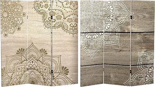 Miniatura 2 de Red Lantern Mandala corto de doble cara sobre lienzo de roble plegable de 4 pies, 3 paneles independientes y separador para dormitorio moderno y