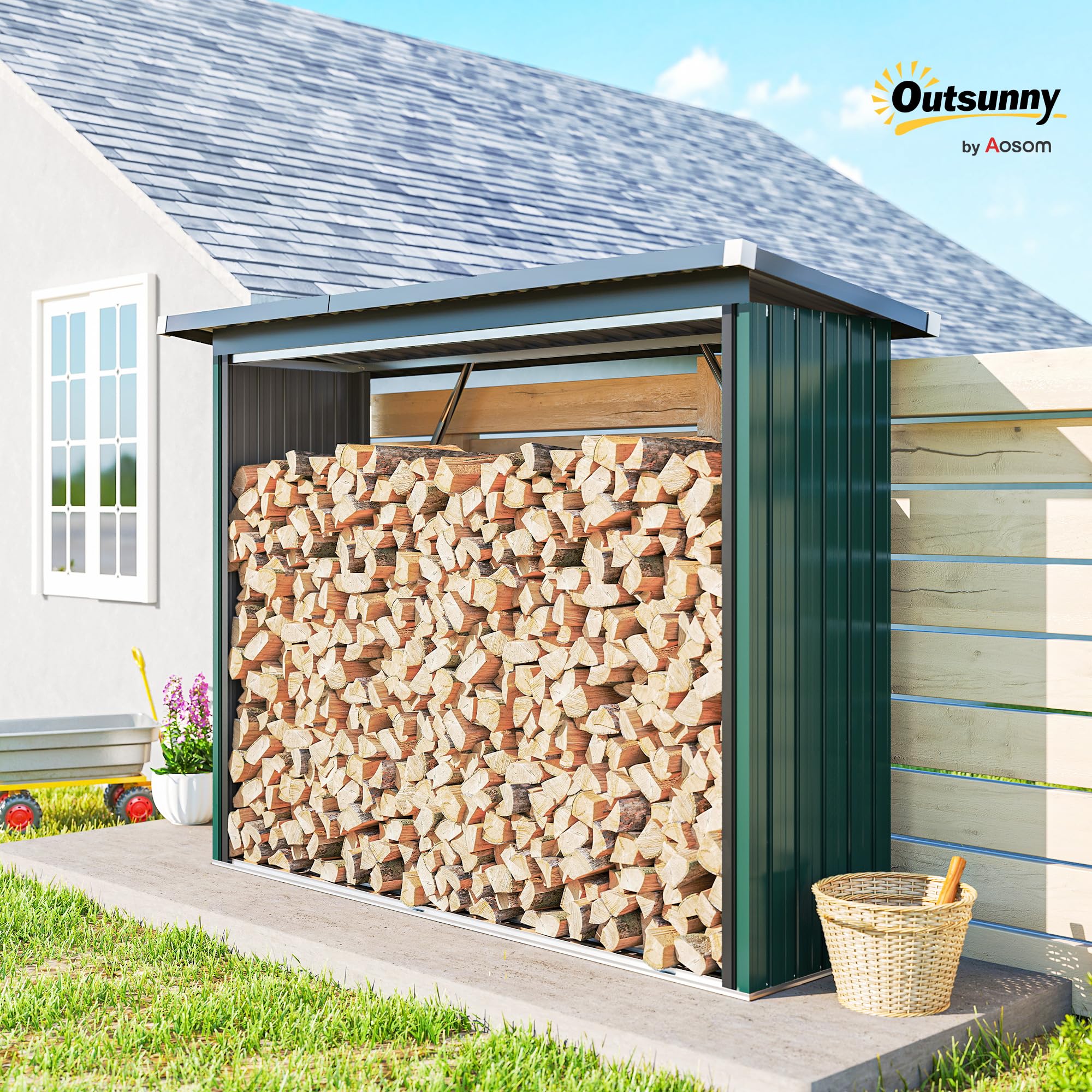 Outsunny Albero Coperto Acciaio Zincato Supporto Legna Riscaldamento 213 x 66,5 x 150 cm Verde