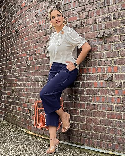 Miniatura 2 de G4Free Pantalones capri de pierna ancha para mujer, pantalones capri elásticos cruzados con bolsillos, pantalones cortos de cintura alta