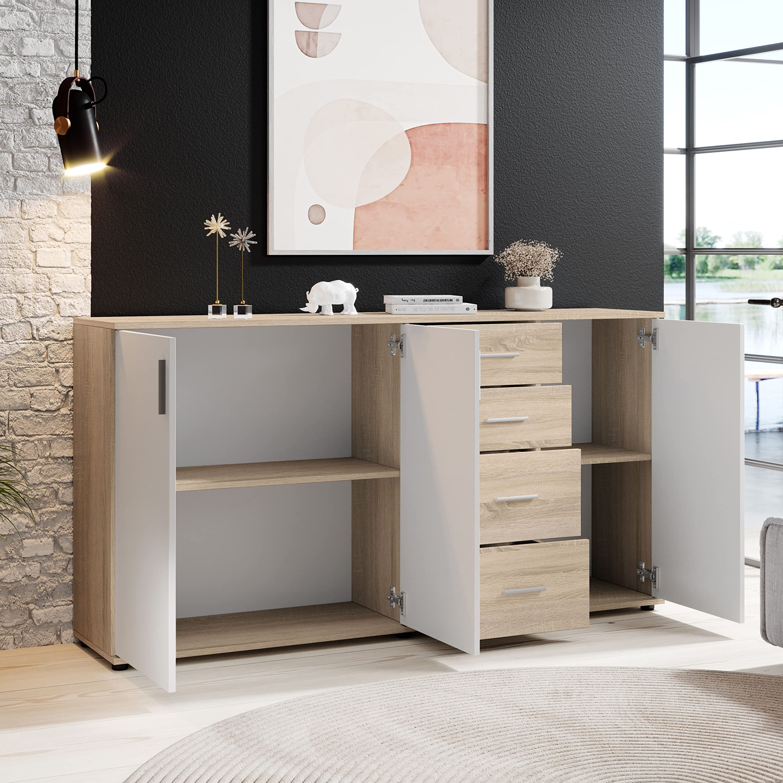 Stella Trading BOBBY, Cassettiera, effetto rovere Sonoma, bianco, credenza elegante con ampio spazio disponibile per la zona giorno; 160 x 82 x 35 cm, L x A x P