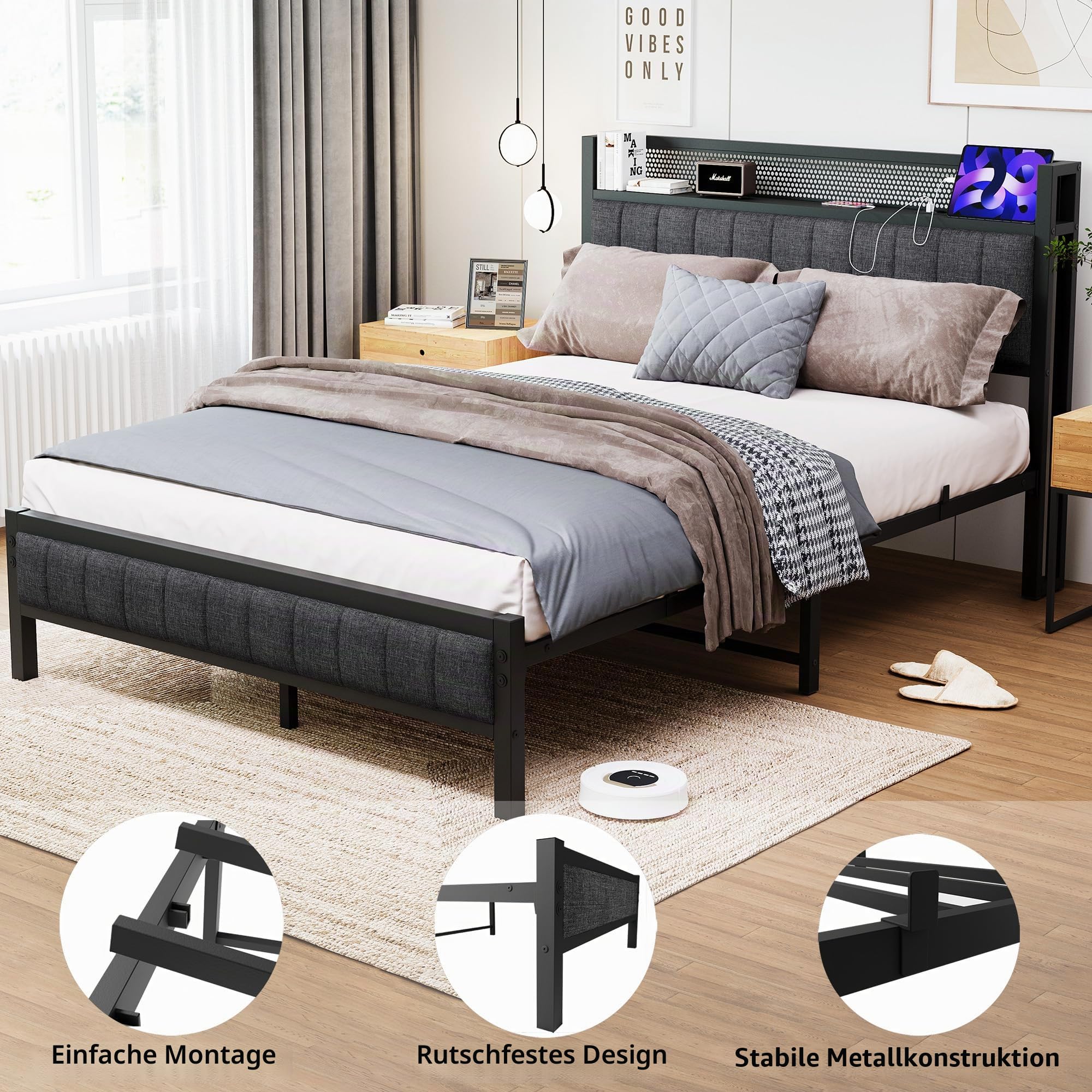Bett 140x200 mit Metal Lattenrost,Bettgestell140x200 mit Kopfteil & Ladestation(2 AC-Steckdosen& 1 USB-Anschlüsse) Metallbett 140x200, Jugendbett, Doppelbett