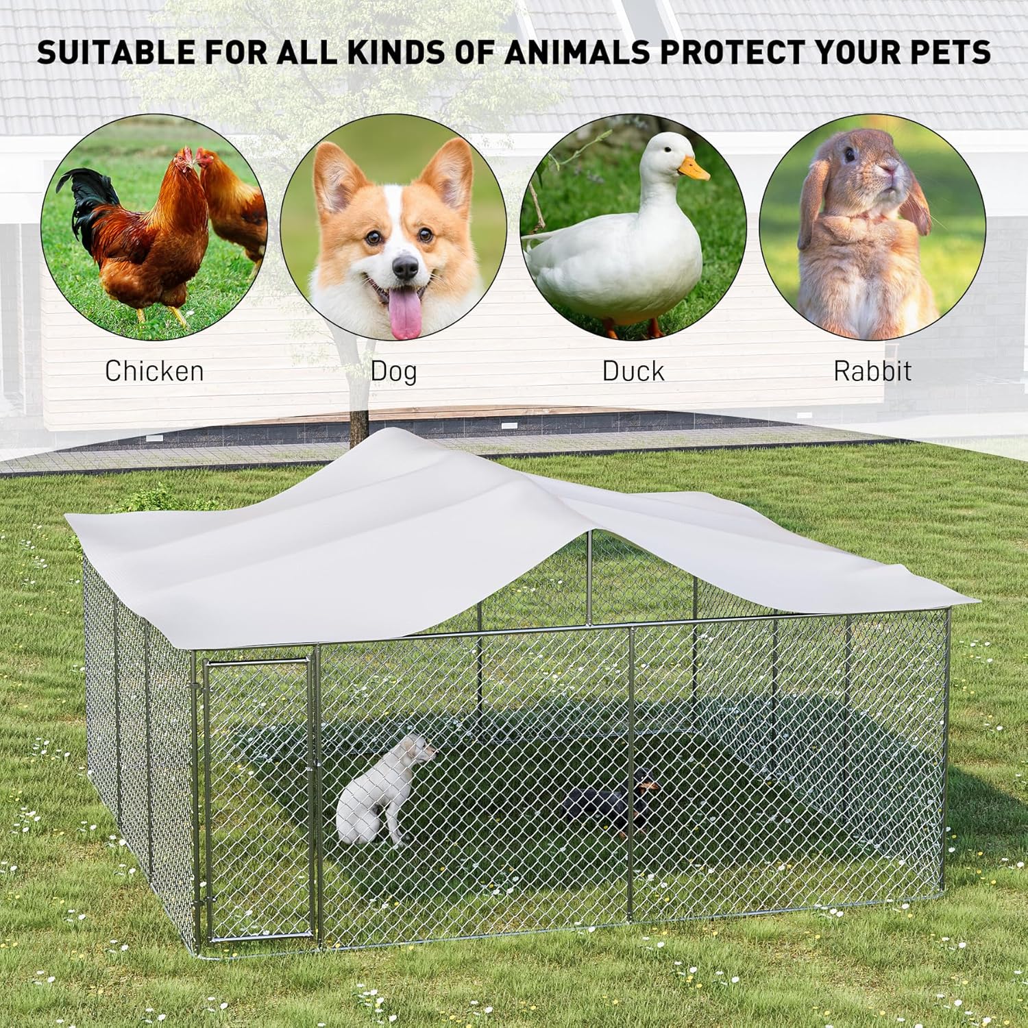 OUYESSIR 15x15x8 FT Large Dog Kennel Outdoor Dog Runs with UV Protection Waterproof Cover and Roof, Heavy Duty Dog Pens with Secure Lock
