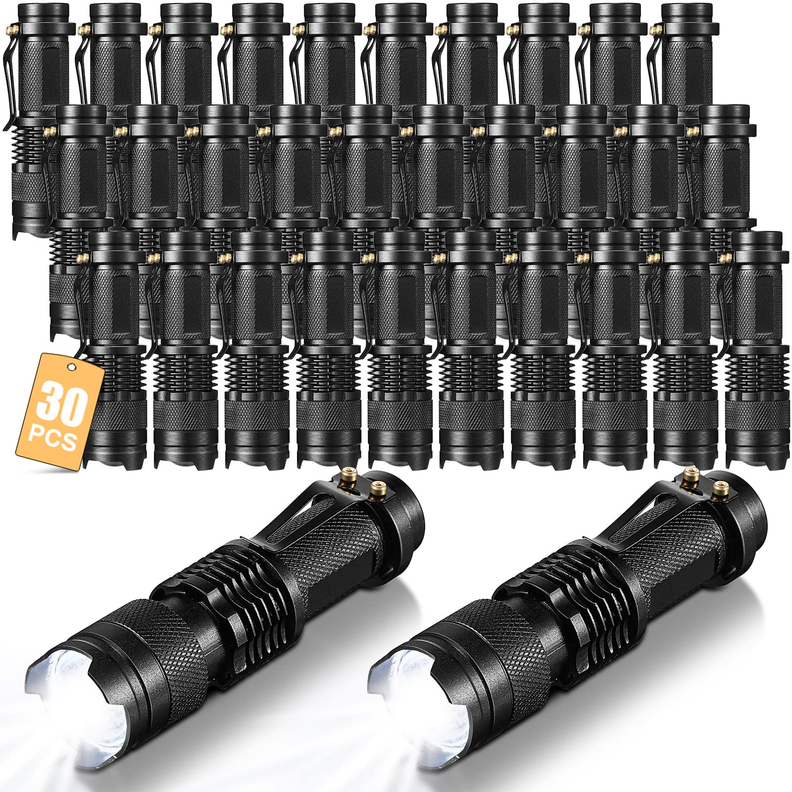 Tujoe Paquete de 30 mini linternas LED de 260 lúmenes, linterna táctica de bolsillo, enfoque ajustable, zoom Sk68, 3 modos, linterna LED pequeña de mano para emergencia, camping, senderismo, viajes