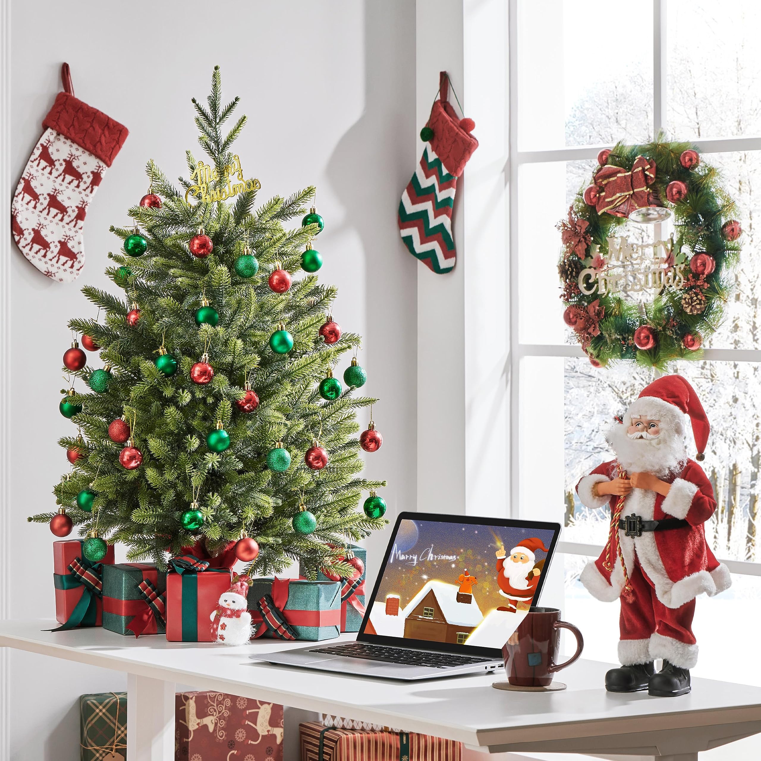 Yaheetech Mini Albero di Natale Artificiale Piccolo da Tavolo con Base Portatile in Miniatura Realistico Ornamenti per Casa Ufficio Interno (Verde, 91 cm)