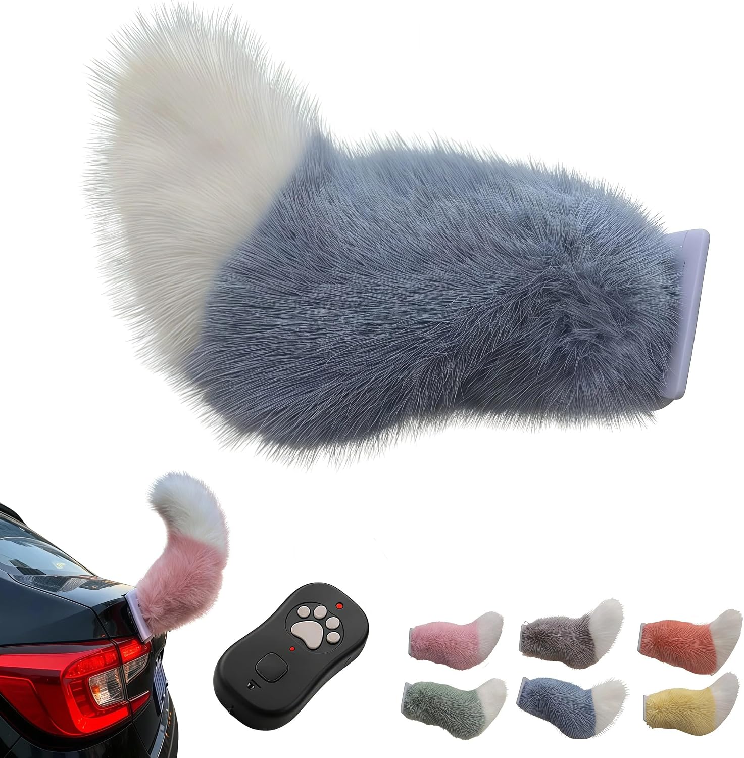 Remote Control Electric Car Tail, Cute Fuzzy Wagging Moving Tail for Car Exterior Decoration, Handmade Rechargeable Auto Trunk Charm, Universal Fit Vehicle Exterior Accessory (Blue)