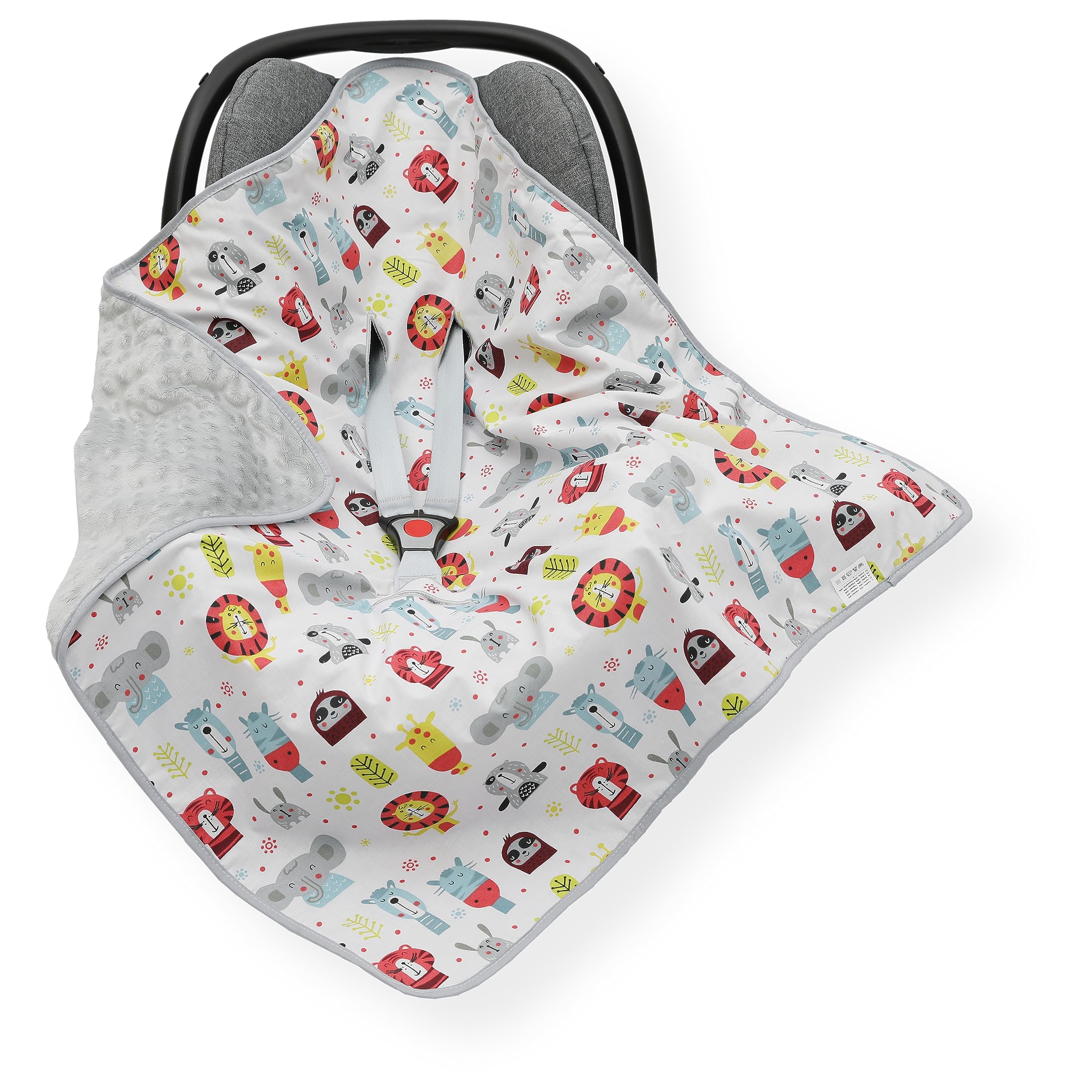 OLO Baby CAR SEAT Baby Insert/Blanket/Cover/Cosy Toes/Foot muff Cotton & Dimple Fleece 80 x 80 cm (Zoo/Grey)