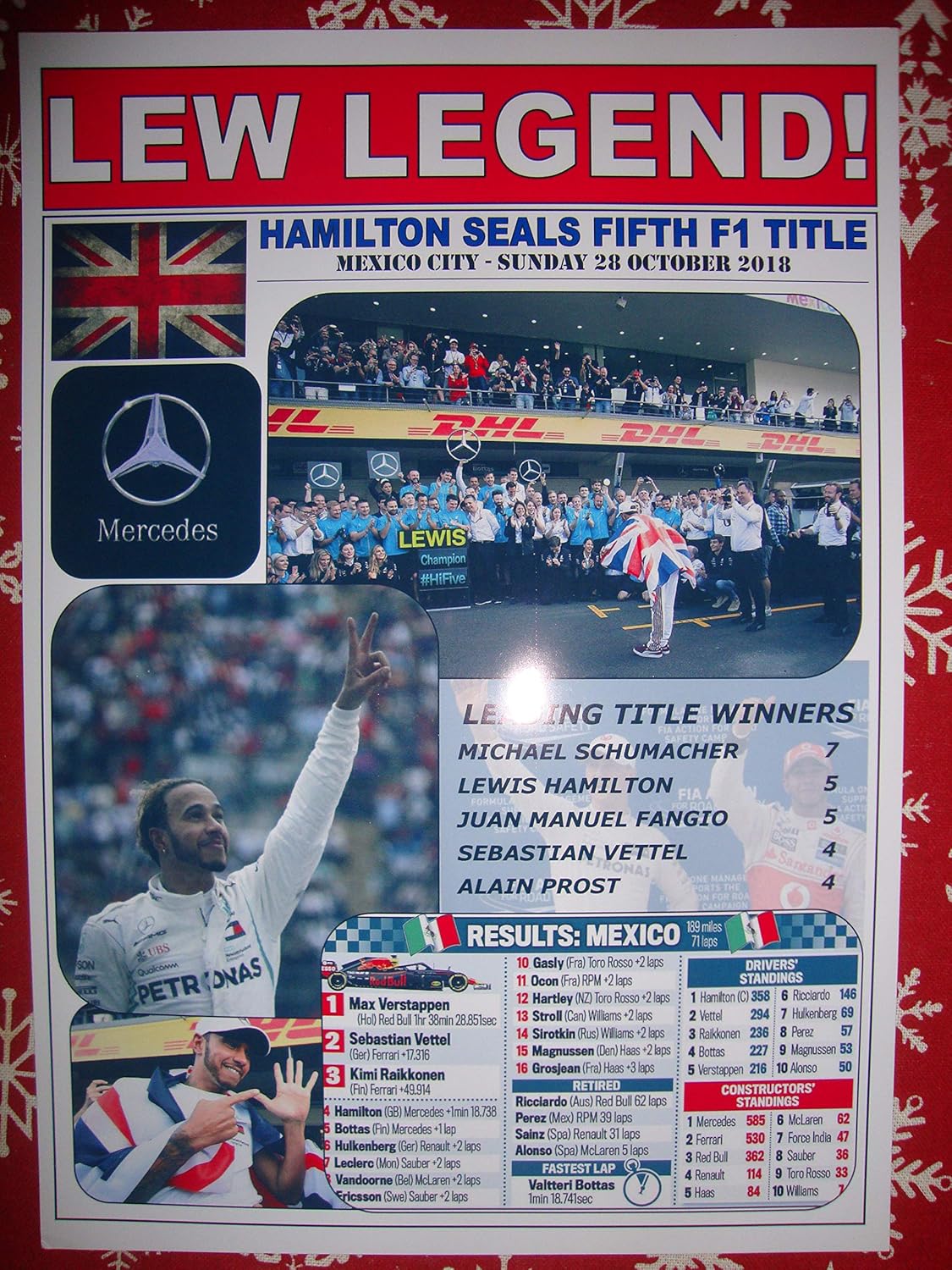 Lewis Hamilton 2018 F1 World Champion Mexican Grand Prix Winner - Souvenir Print