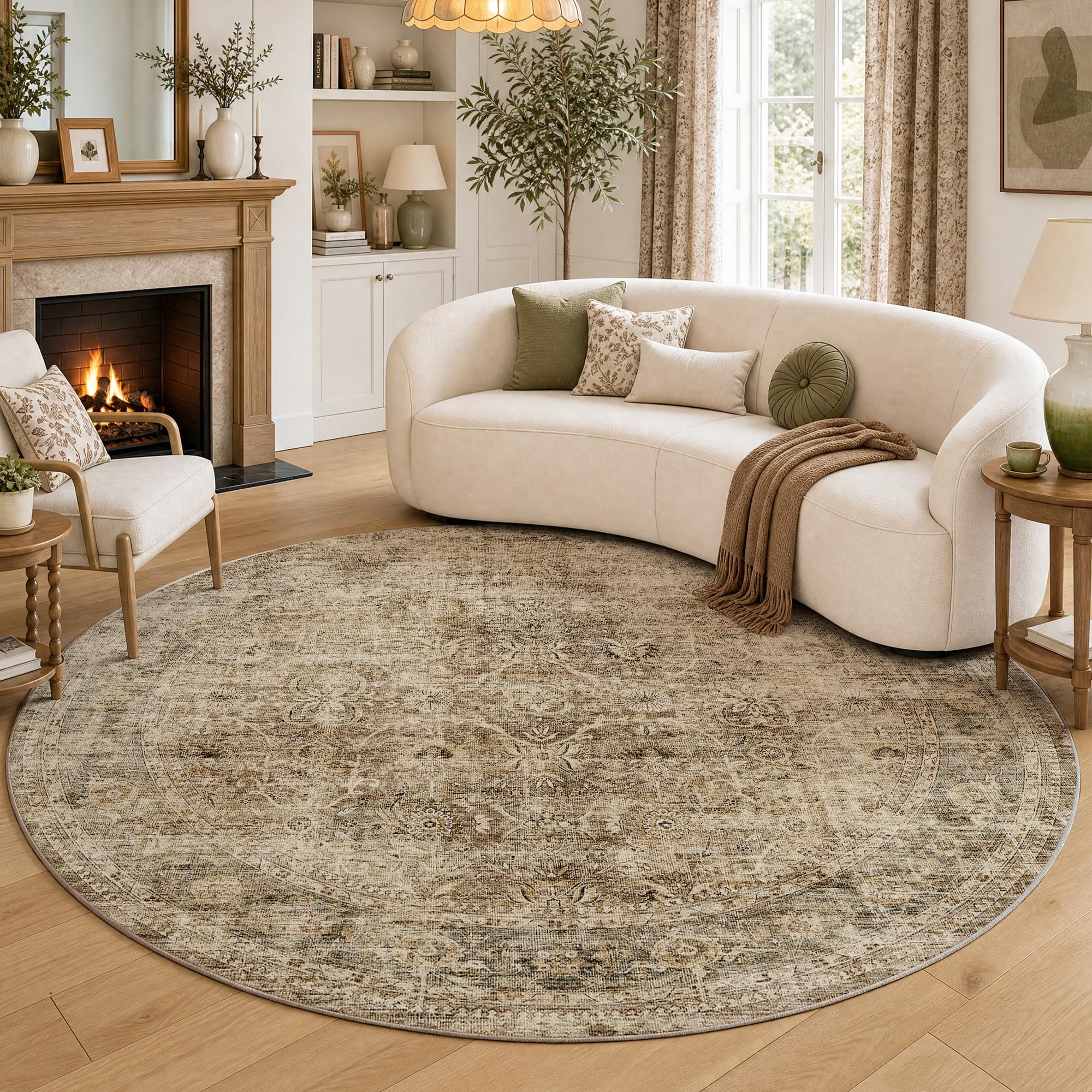 FMFUNCTEX 5ft Round Washable Brown Neutral Vintage Area Rug for Living Room