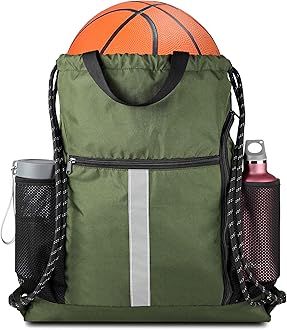 BeeGreen Moss Green Drawstring Bag Pack Sport Cinch Sack with Shoe Compartment and Two Side Mesh Pockets Heavy Duty Gym String Backpack for Unisex