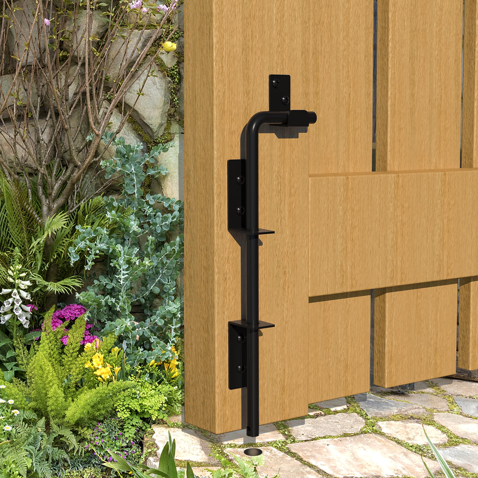 12" Heavy Duty Cane Bolt Gate Drop Rod - Vinyl Fence Gate Drop Rod, Gate Stopper &amp; Gate Anchor for Wood/PVC/Metal Fences, Double/Wrought Iron Doors, Black Finish, 1 Pack