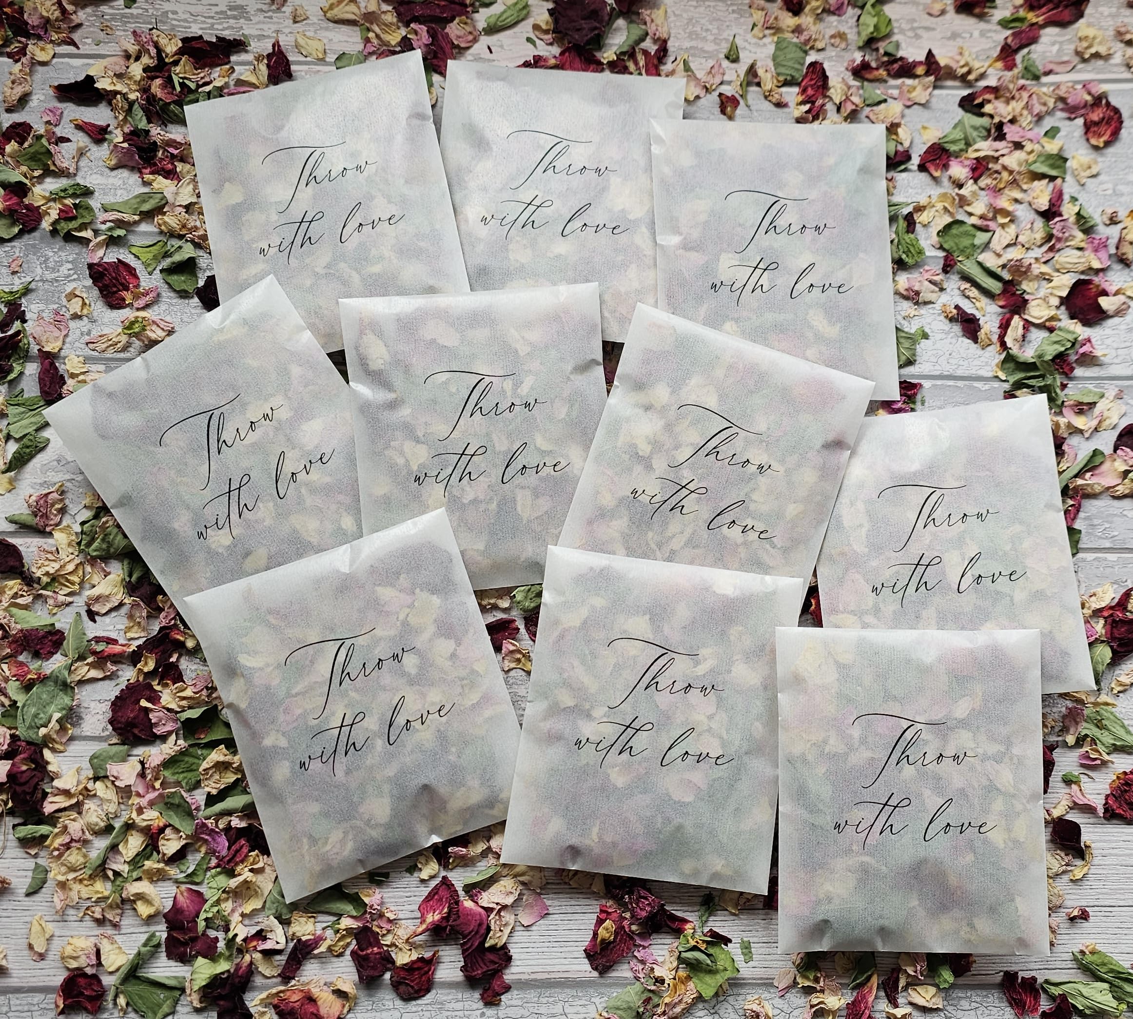 Confetti Packets. READY TO USE 10 x Confetti Packets filled with Natural Petals. Packets Printed with Throw with Love,Wedding Confetti, Dried Flower Petals, Real Petal Confetti. Enchantment