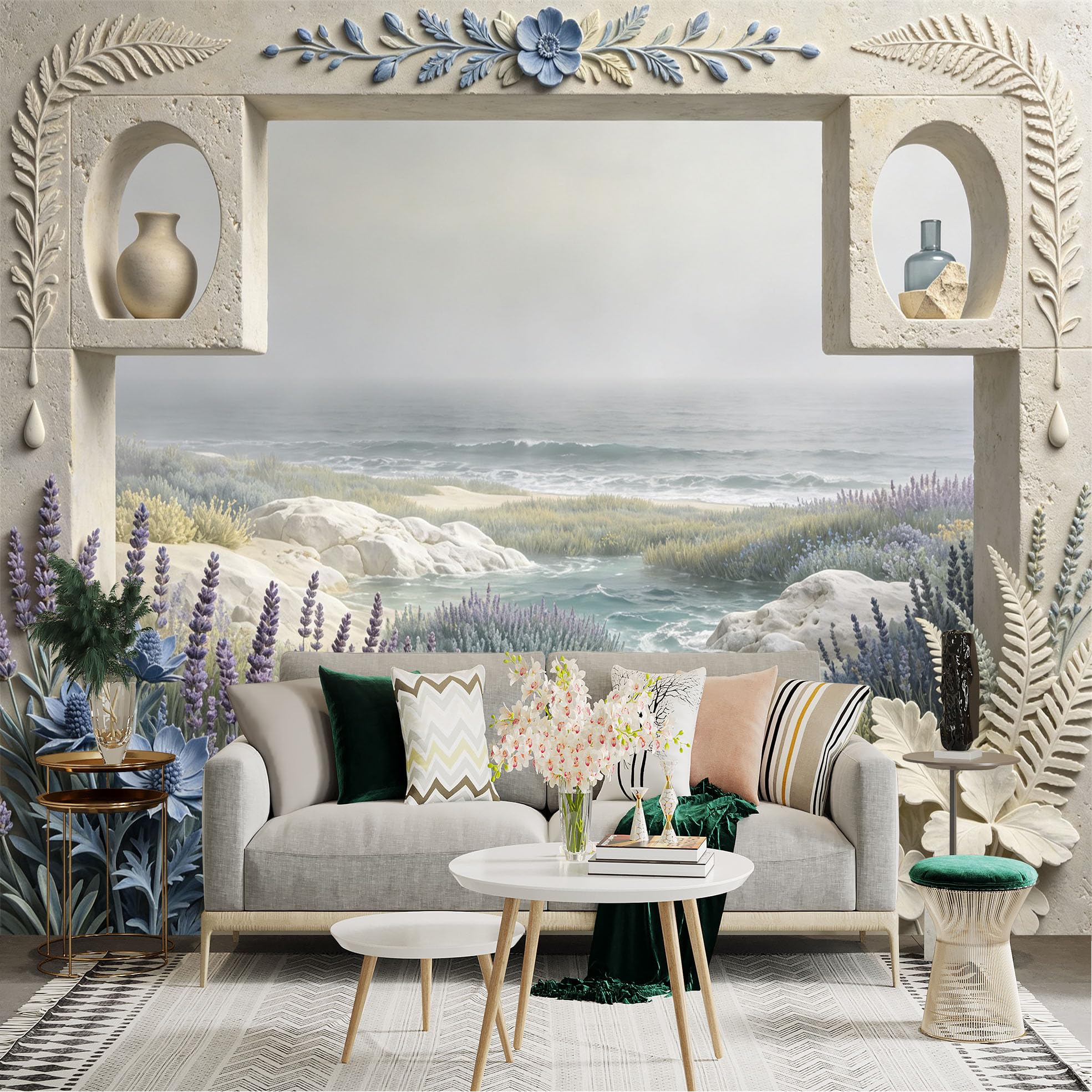 Lnzczhyre Bh260719055 Custom Size Wall Sticker Mural， Coastal Floral Window View， Seaside Rocks And Calming Ocean， Mediterranean Stone Arch， For Wall Decoration， Peelandstick Wall Decals.