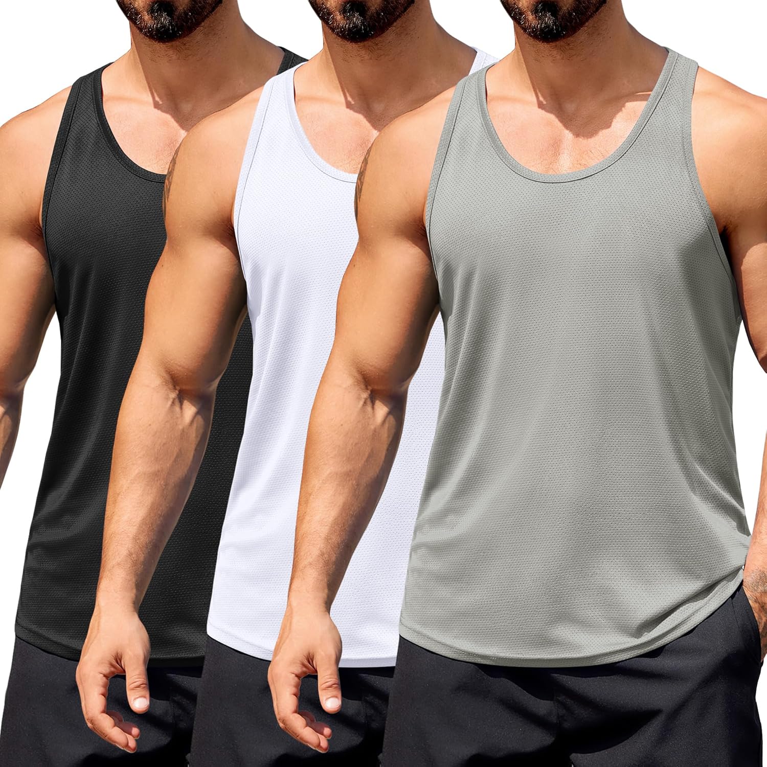 COOFANDY Men Workout Tanks for Gym Quick Dry 3 Pack Muscle Sleeveless Shirts Y Back Activewear Tank Tops Black/White/Light Grey XX-Large