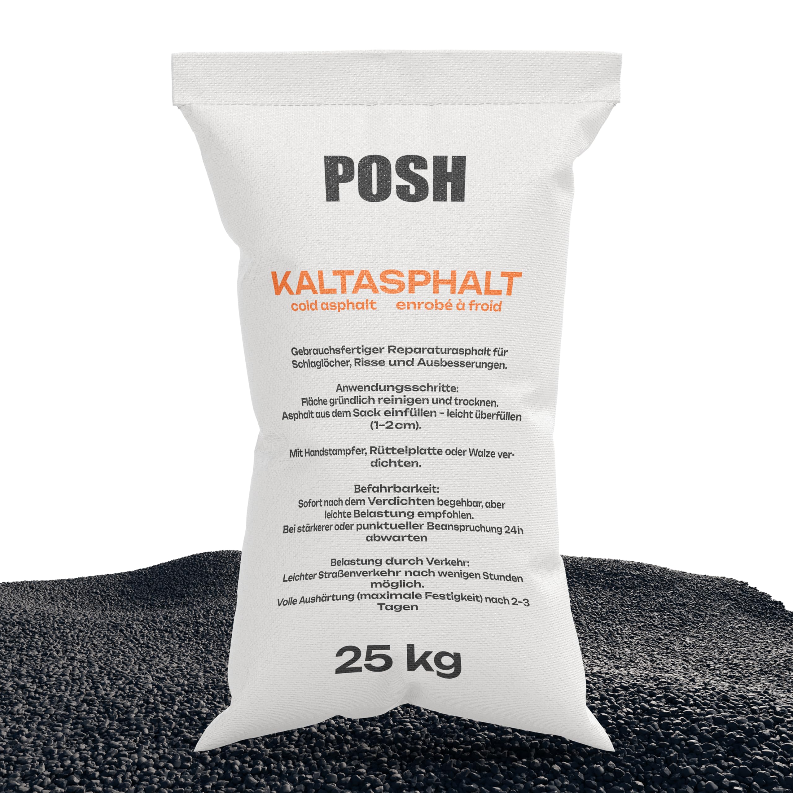POSH Asfalto en frío 10 x 25 kg – Reparación de grietas de asfalto listo para usar – con un grano de 0 – 8 mm – Pintura bituminosa – Uso universal