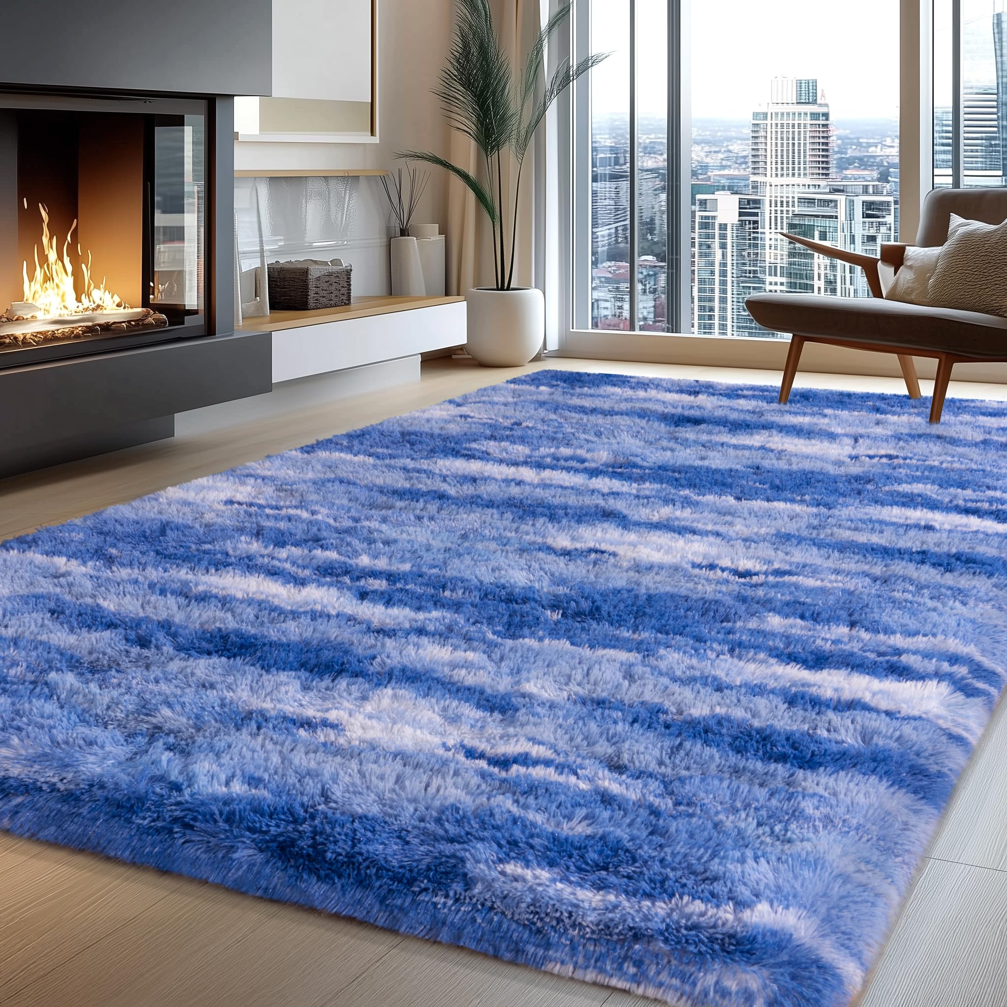 Fluffy Rugs for Bedroom Living Room, 4x6 Feet Abstract Blue White Shag Area Rugs, Non-Slip Indoor Modern Fuzzy Plush Floor Carpet for Dorm Nursery Kids Room Decor, Soft Shaggy Throw Rug — image 1