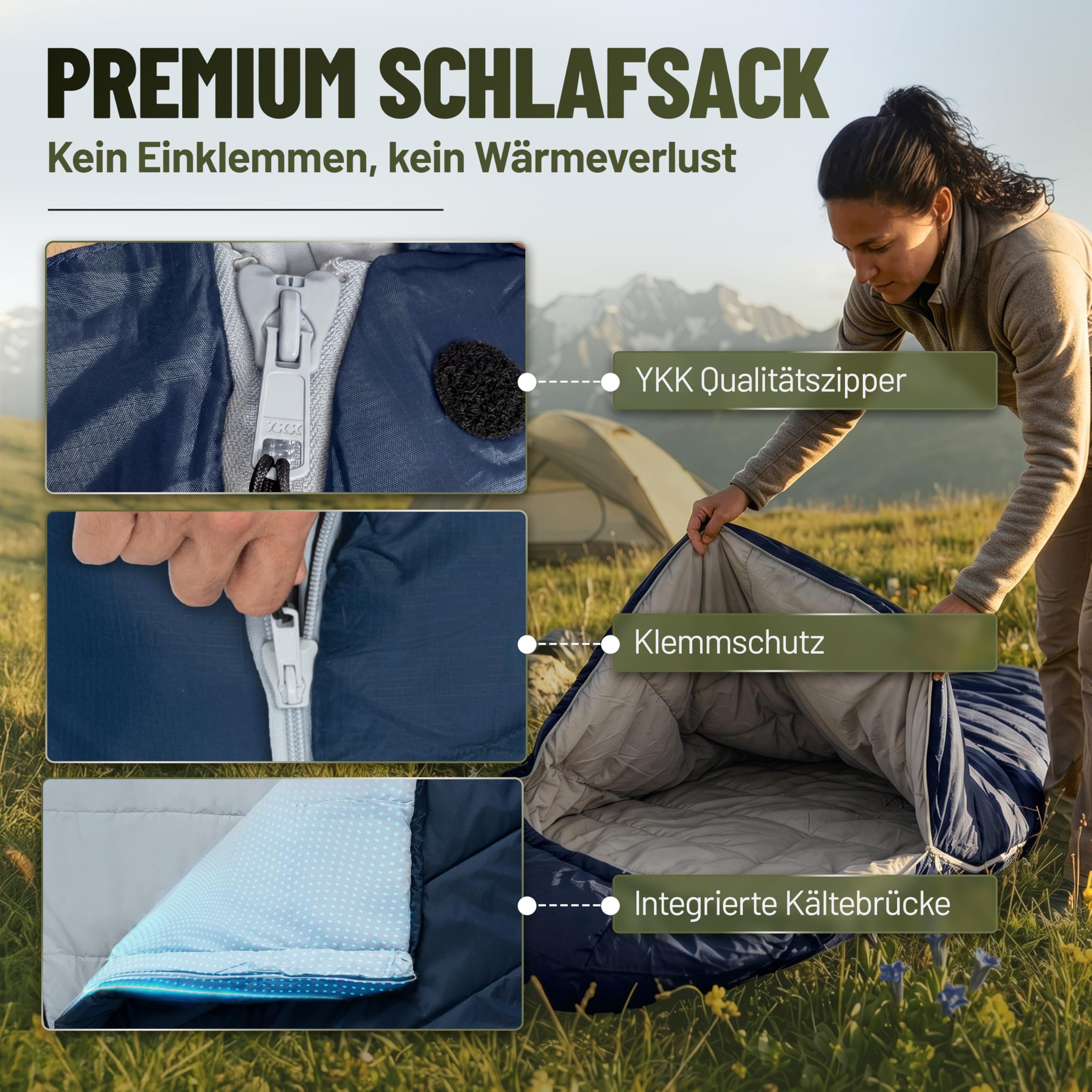 ALPENWERT® Schlafsack Sommer Ultraleicht & klein [17x27cm Packmaß] – Wasserabweisend, YKK Reißverschluss, Kältebrücke & Einklemmschutz – Perfekt für Camping & Festival