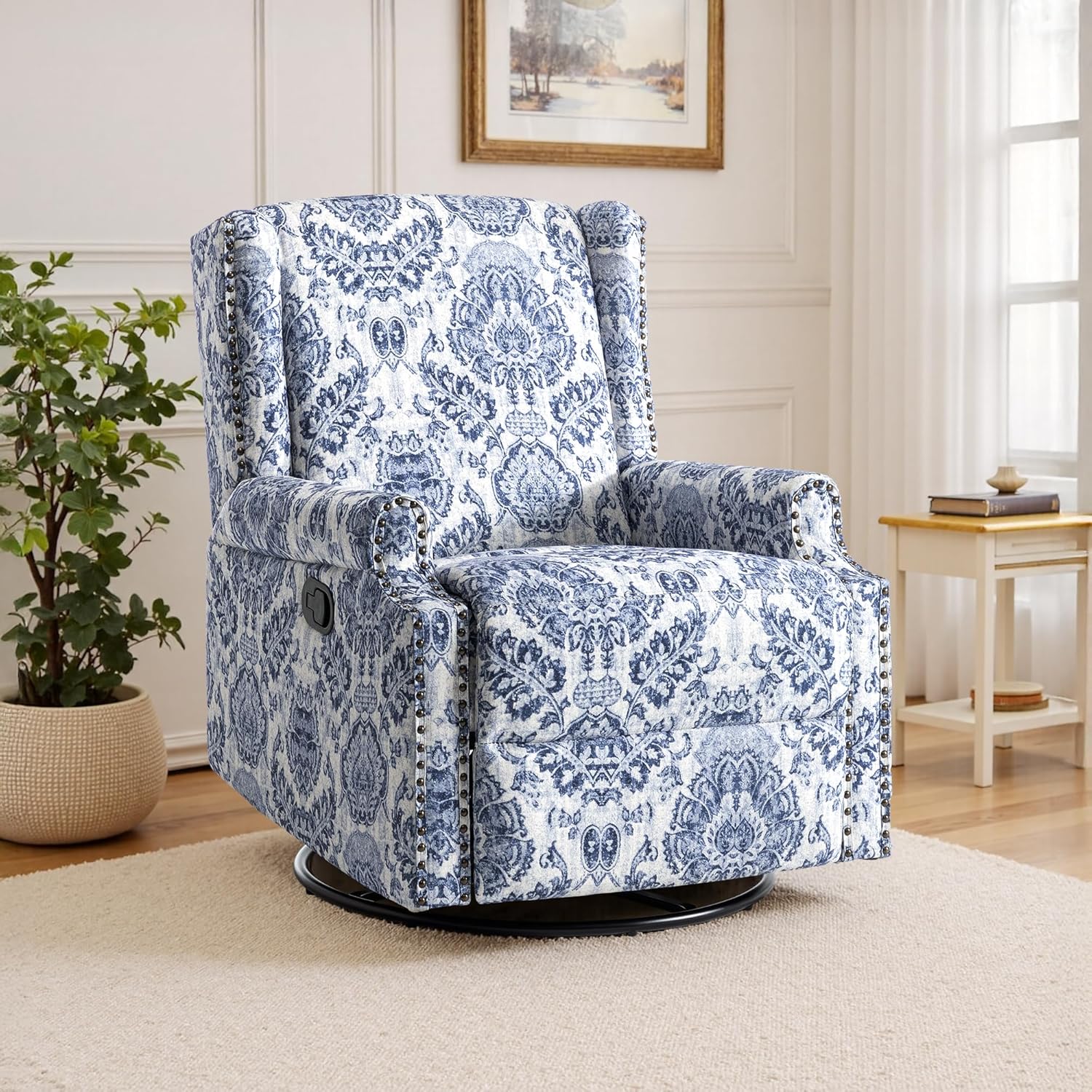 Lumibee Swivel Rocker Recliner Chairs, Printed Fabric Swivel Glider Rocking Chair with High Back, Upholstered Deep Seat Wingback Recliner Chair for Living Room Bedroom, Navy