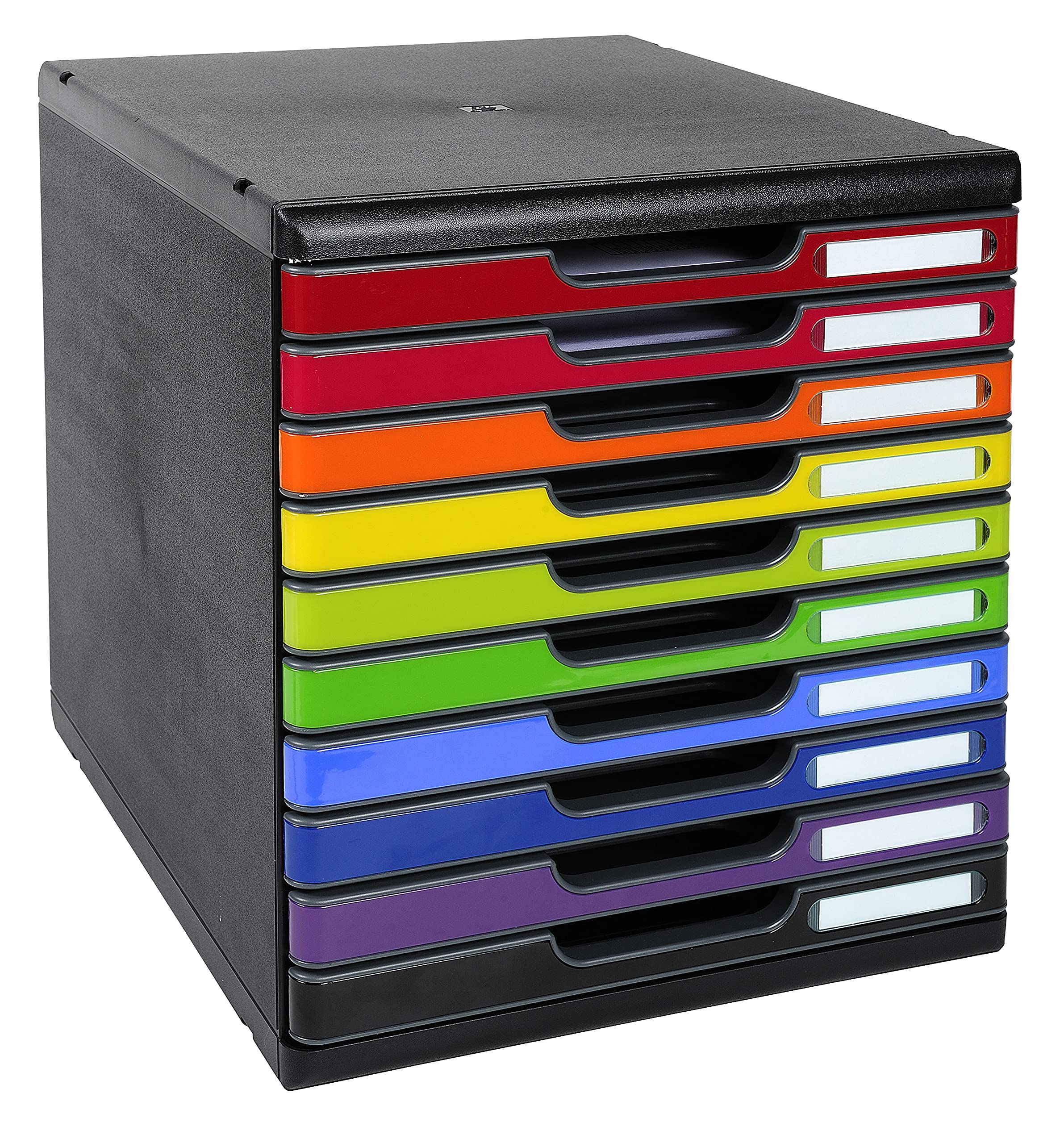 Exacompta - rif. 302798D - MODULO A4 - cassettiera da 10 cassetti chiusi per documenti A4+ - dimensioni esterne: Profondità 35 x larghezza 28,8 x altezza32 cm - Nero/multicolore lucido