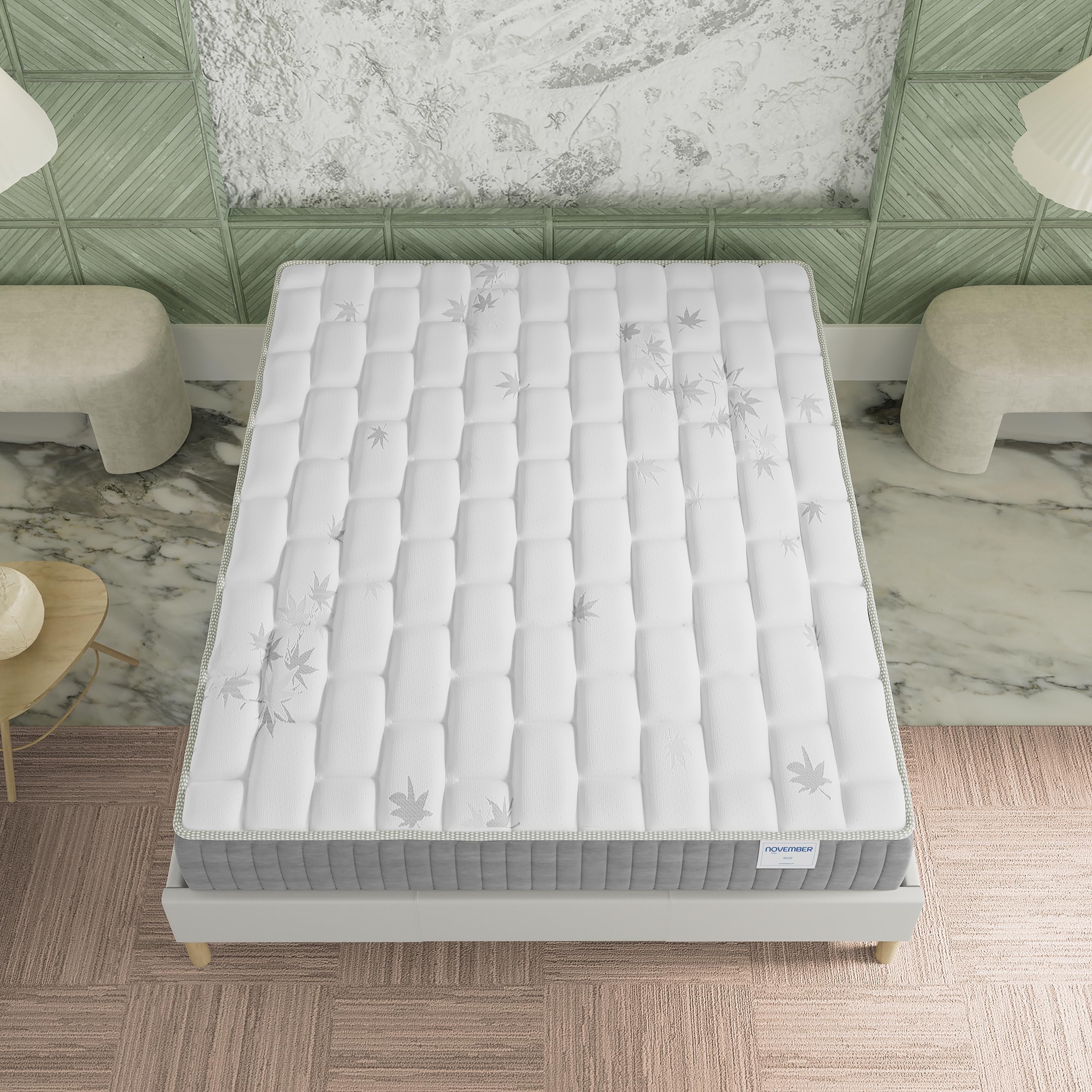 NOVEMBER- Ensemble Matelas + sommier (120 x 190cm)- Matelas Galice Ressorts ensachés & mémoire de Forme d’épaisseur 25cm + Sommier Bois Stable & Robuste revêtement Tissu Blanc