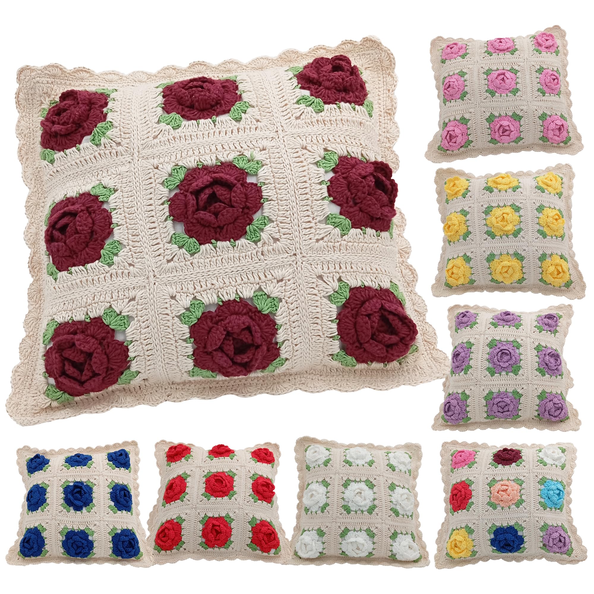 Kissenhülle gehäkelt mit Rosenmotiv 40x40 cm – Handmade Vintage Boho Sofakissen, handgefertigte Kissenhülle aus Wolle & Leinen, dekoratives Kissen ohne Füllung (rosa Rosen)