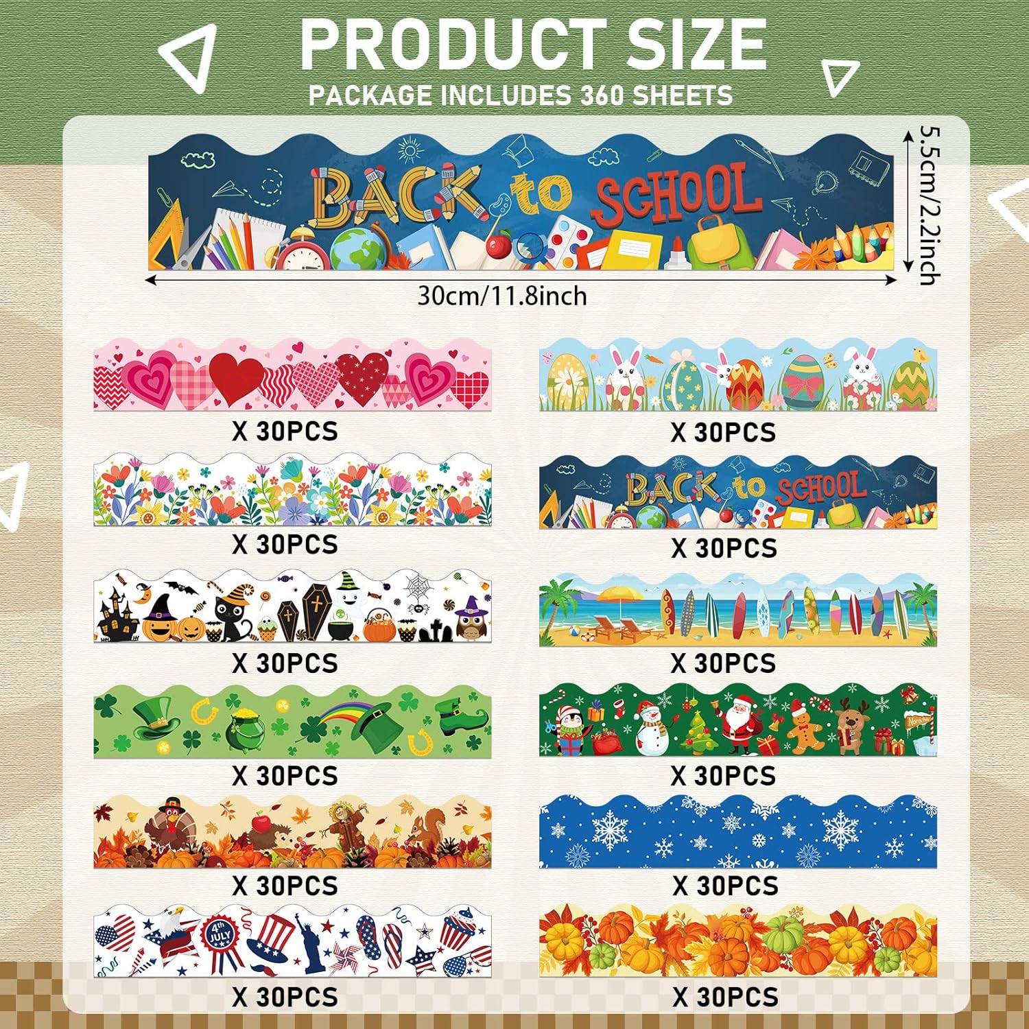 Geyee 360 Pcs Holiday Bulletin Board Borders Seasonal Bulletin Board Decorations Summer Beach Classroom Trim for Classroom School Wall Decor, 12 Design(Stylish)