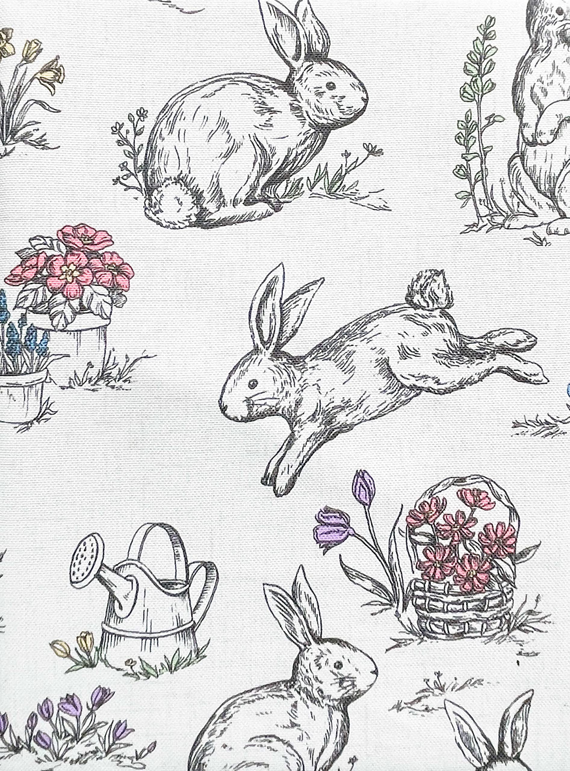 Tabitha Webb Fabric Tablecloth Easter Spring Pattern Rabbits Flowers Garden -- 60 Inches x 104 Inches
