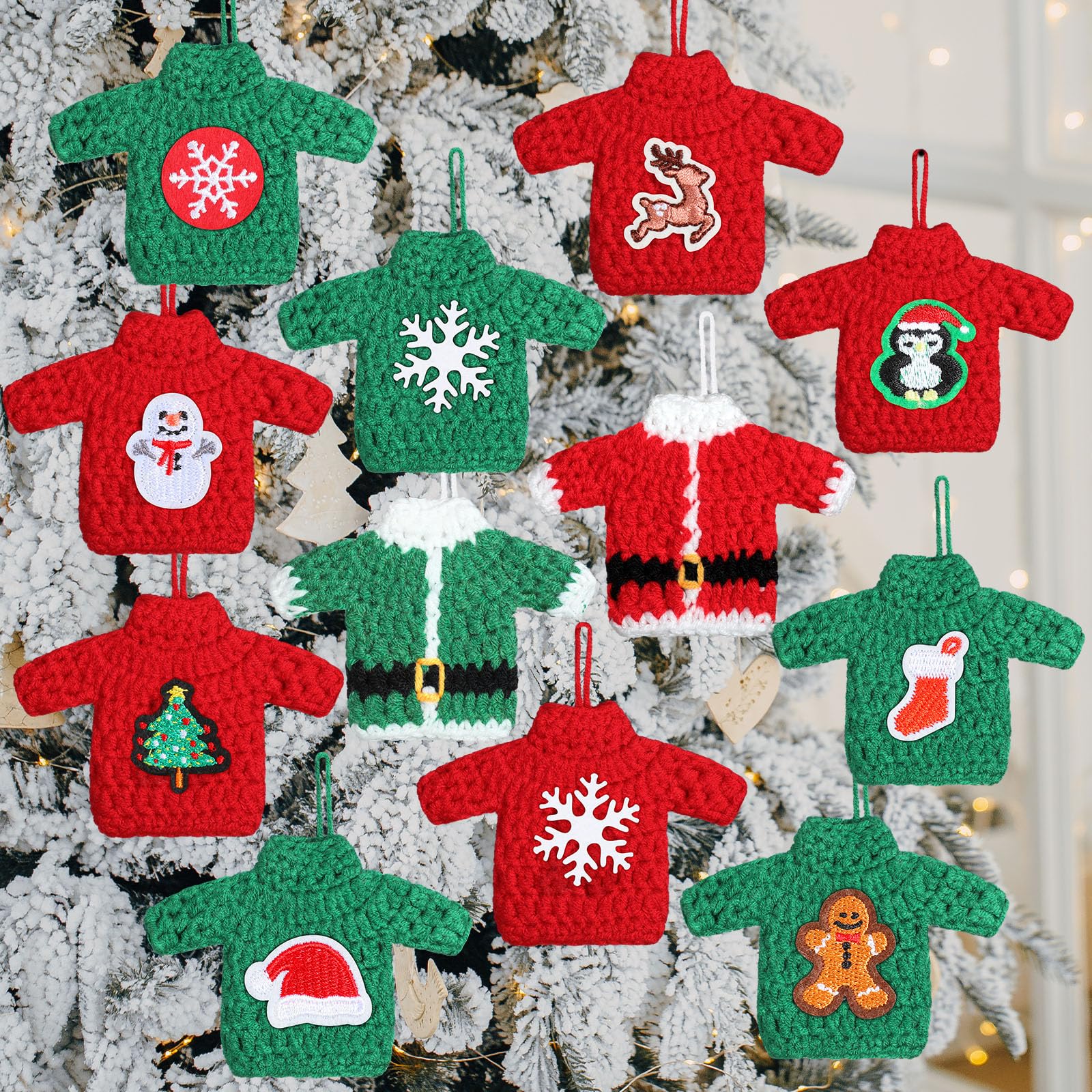 Photo 1 of 12 Pcs Handcrafted Crochet Ugly Sweater Ornament Christmas Red and Green Ugly Sweater Decorations for Christmas Tree Snowflake Gingerbread Reindeer Santa Hanging Decor for Xmas Winter Party Favors